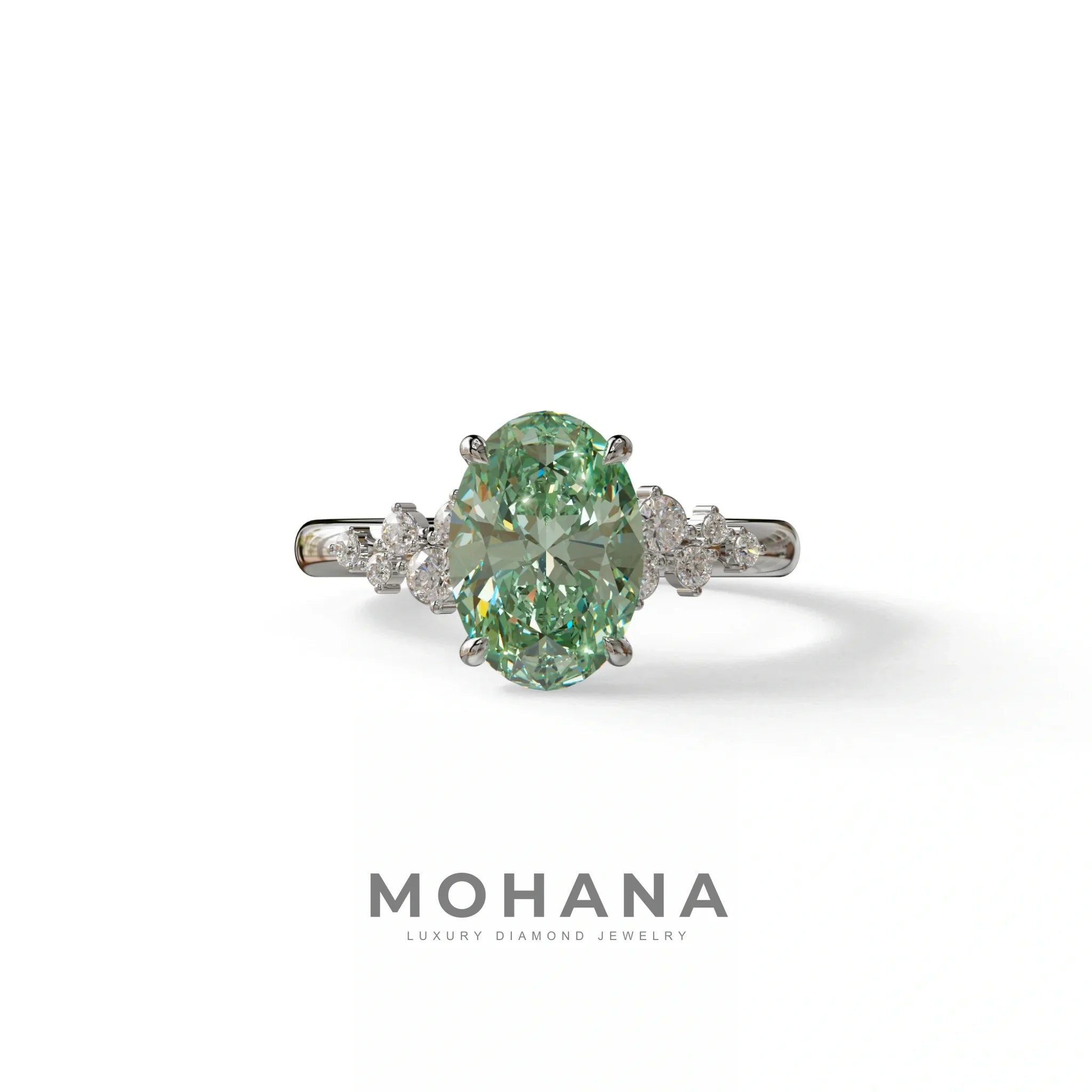 Green Oval Cut Cluster-Vintage Setting Lab Grown Diamond Ring - Celeste Arc - 2 Carat / 10K Solid Gold / White Gold