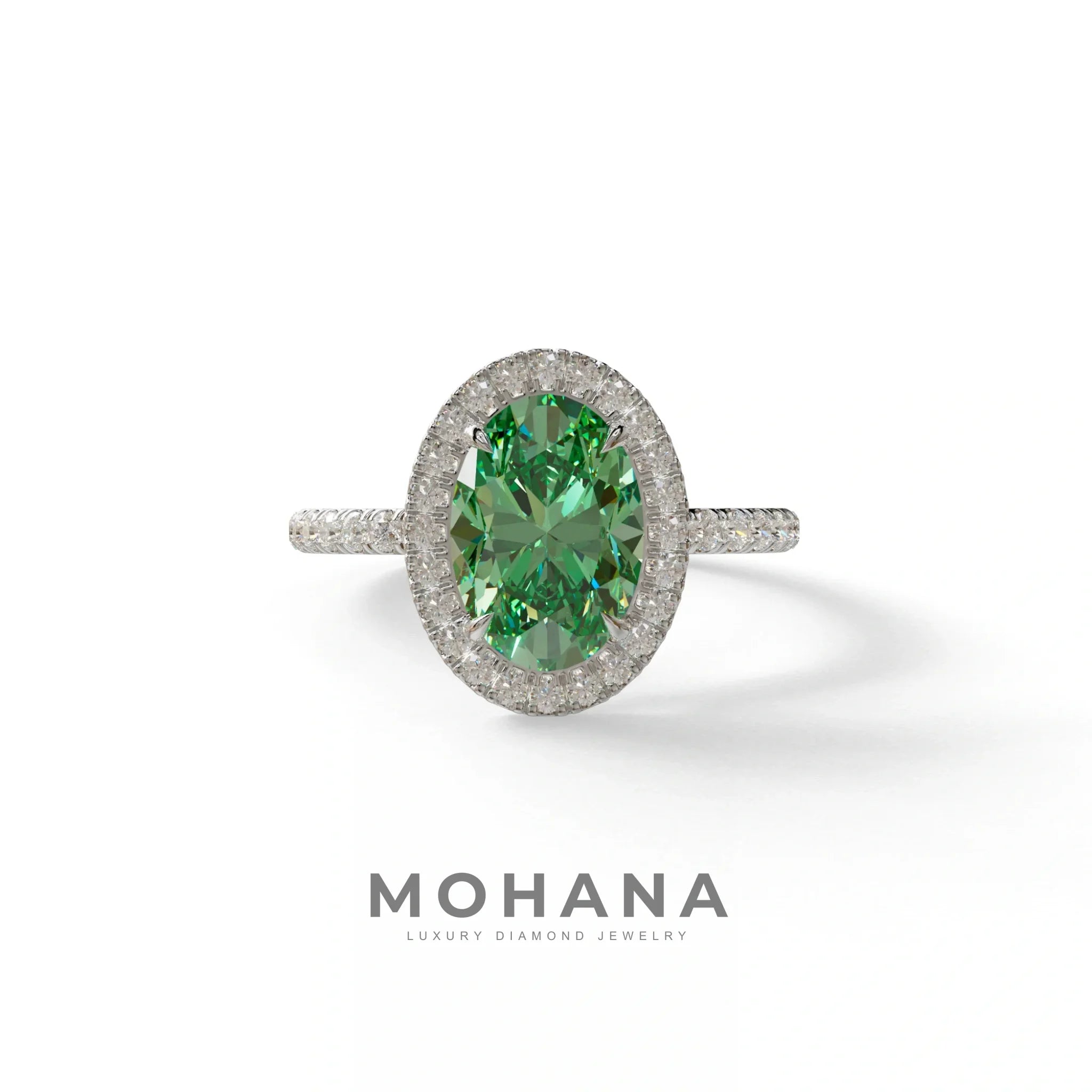 Green Oval Cut Halo & Pave Lab Grown Diamond Engagement Ring - AnnaBella - 2 Carat / 10K Solid Gold / White Gold