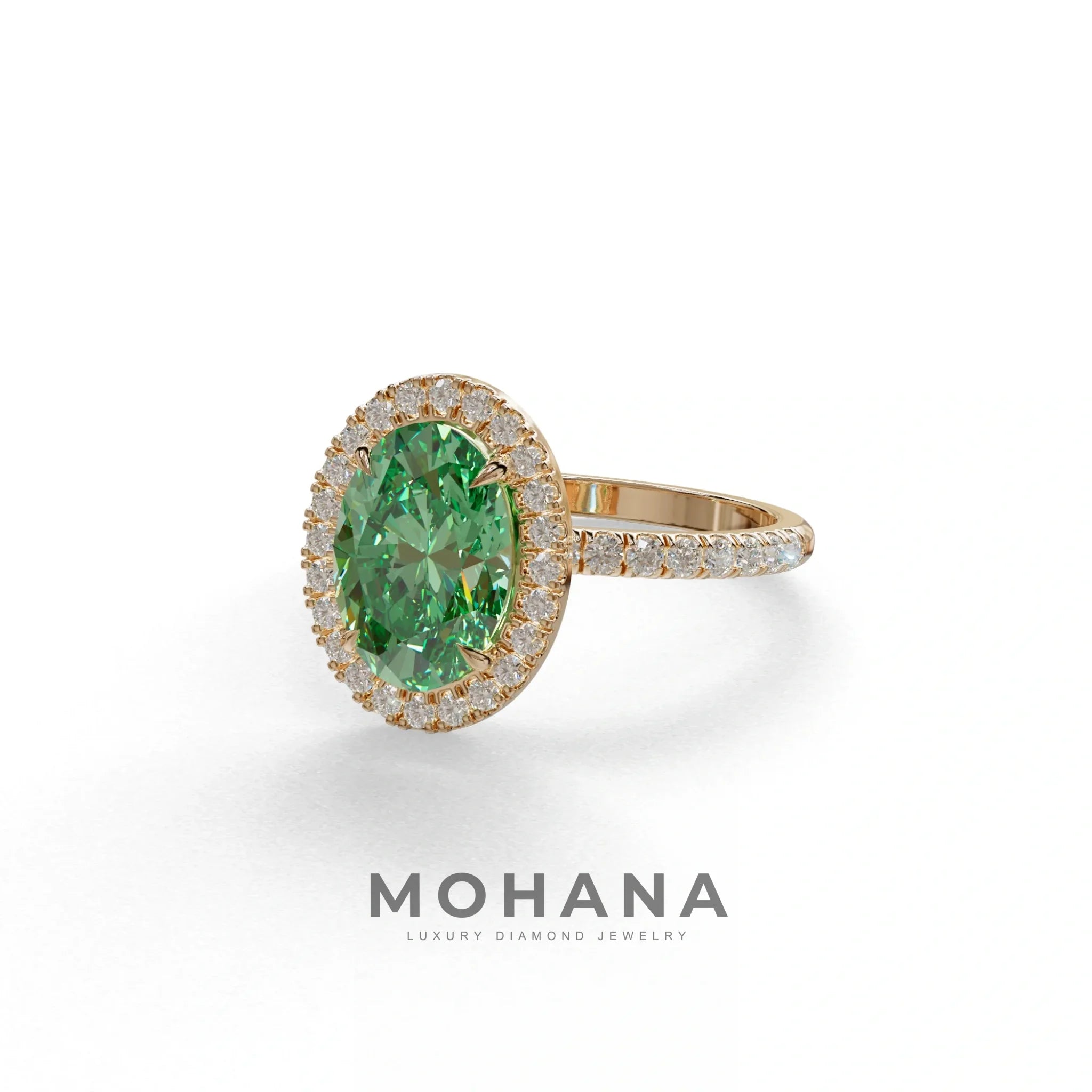 Green Oval Cut Halo & Pave Lab Grown Diamond Engagement Ring - AnnaBella
