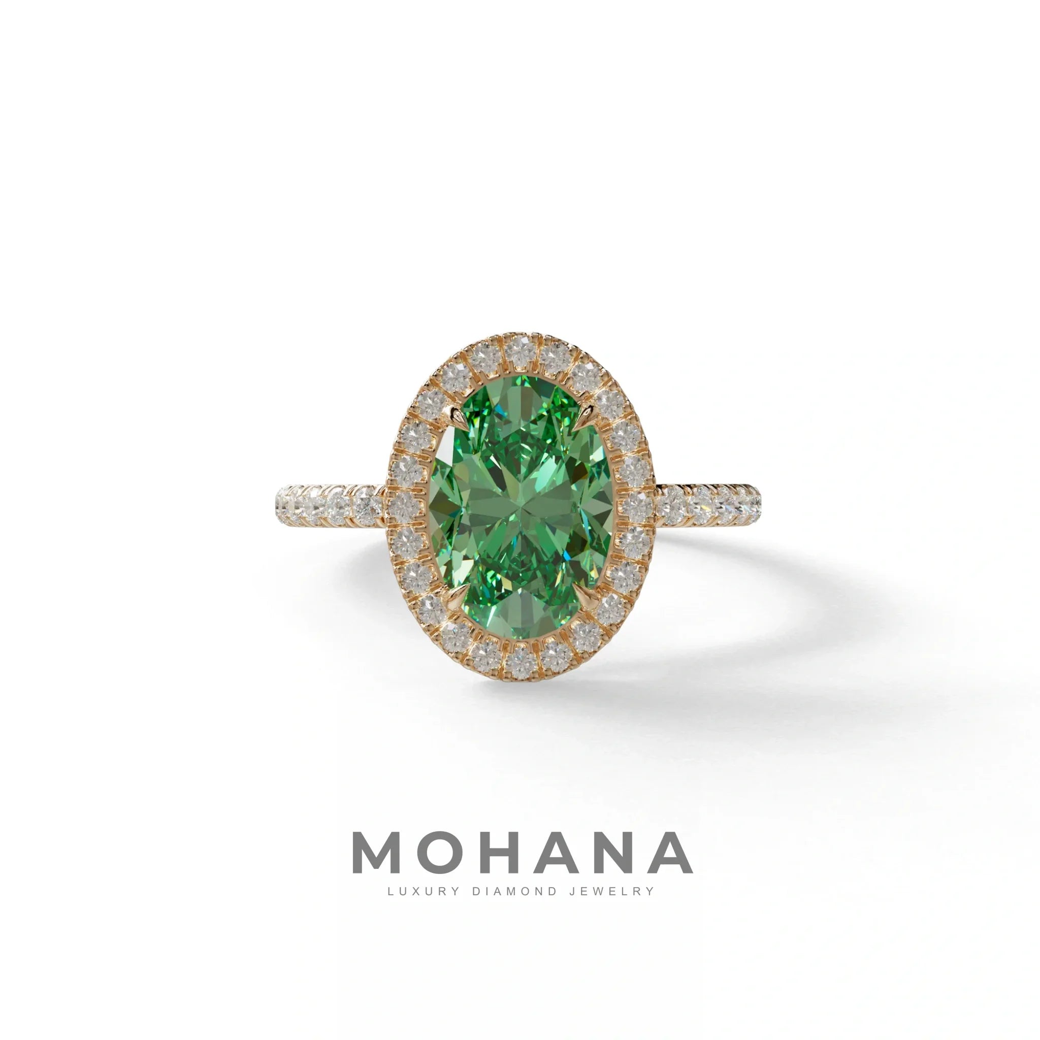 Green Oval Cut Halo & Pave Lab Grown Diamond Engagement Ring - AnnaBella - 2 Carat / 10K Solid Gold / Rose Gold