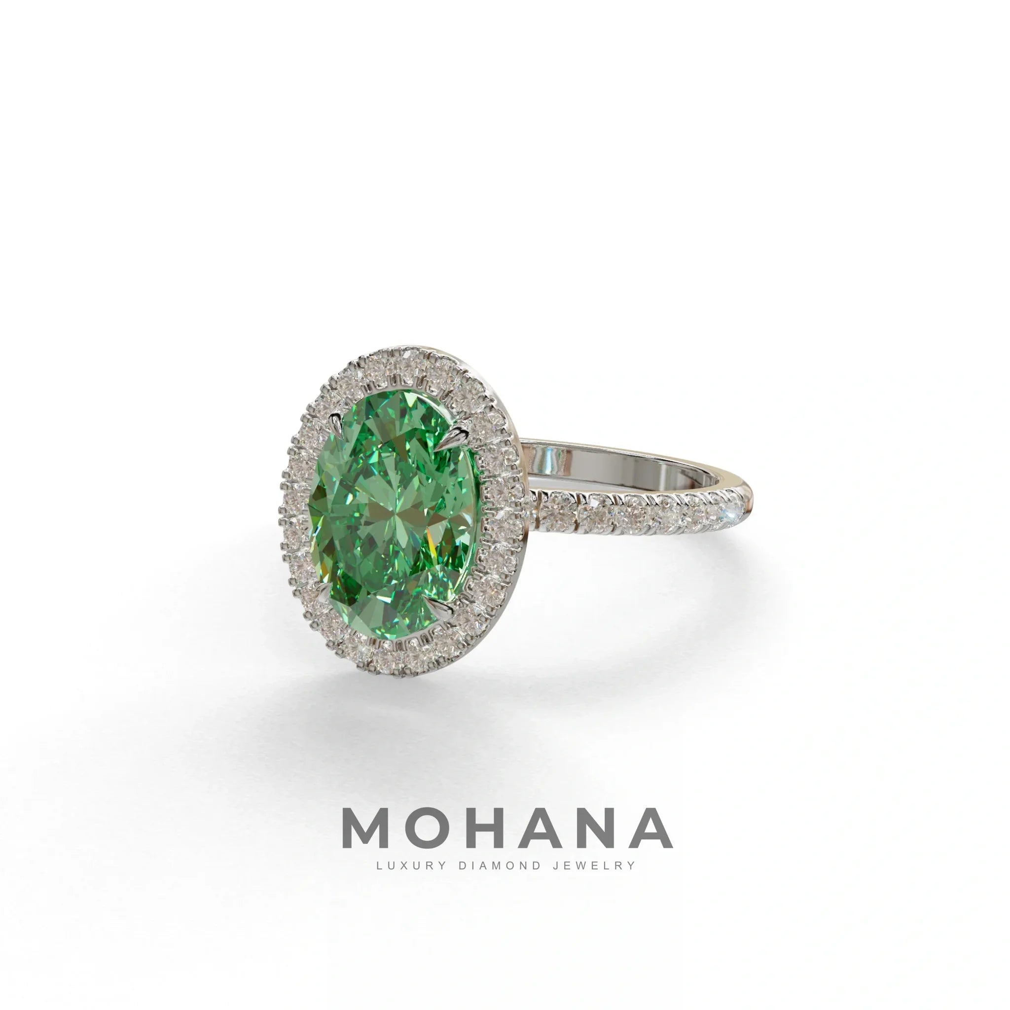 Green Oval Cut Halo & Pave Lab Grown Diamond Engagement Ring - AnnaBella