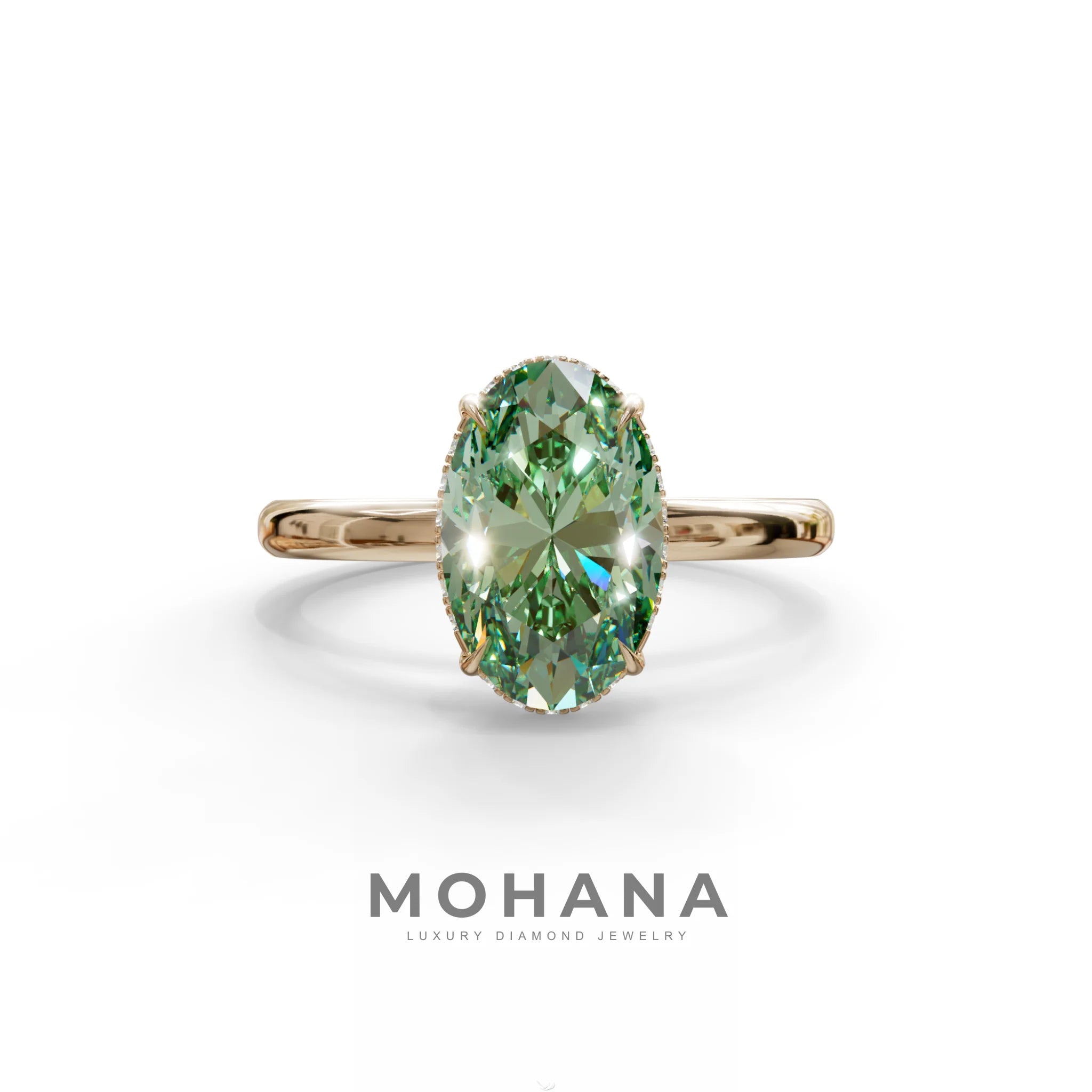 2.5 Carat Green Oval Cut Hidden Halo Lab Diamond Ring - Mi Amor - 10K Solid Gold / Rose Gold