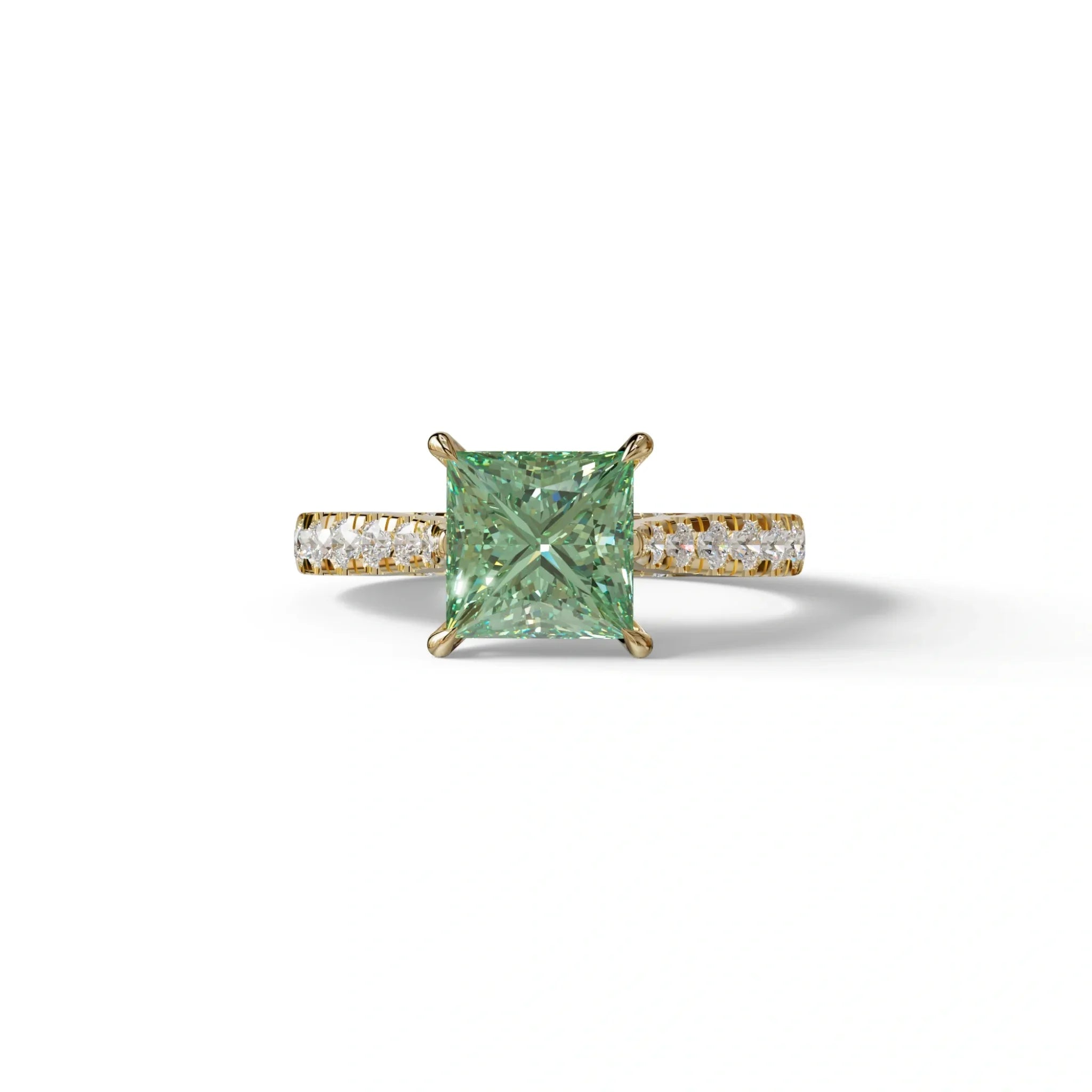 2.5 Carat Green Princess Cut Hidden Halo & Pave Lab Diamond Ring - Aries - 10K Solid Gold / Yellow Gold
