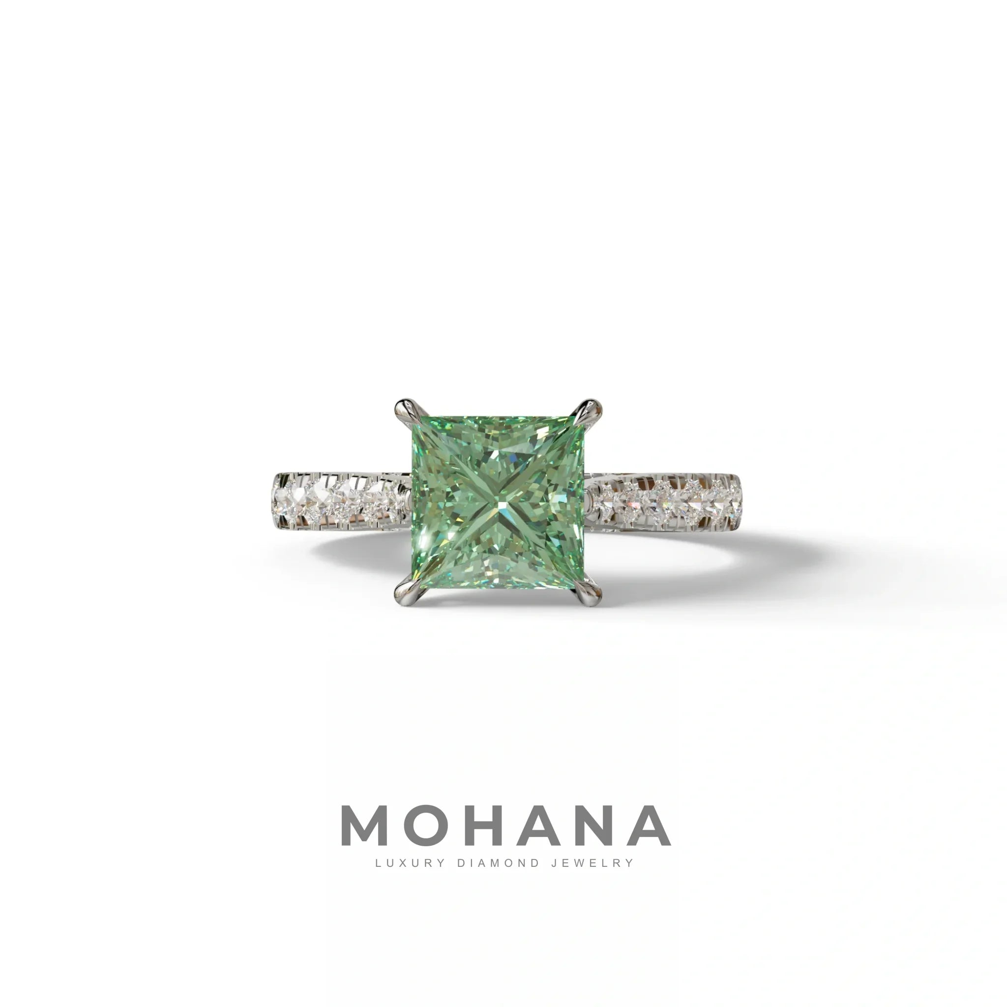 2.5 Carat Green Princess Cut Hidden Halo & Pave Lab Diamond Ring - Aries - 10K Solid Gold / White Gold