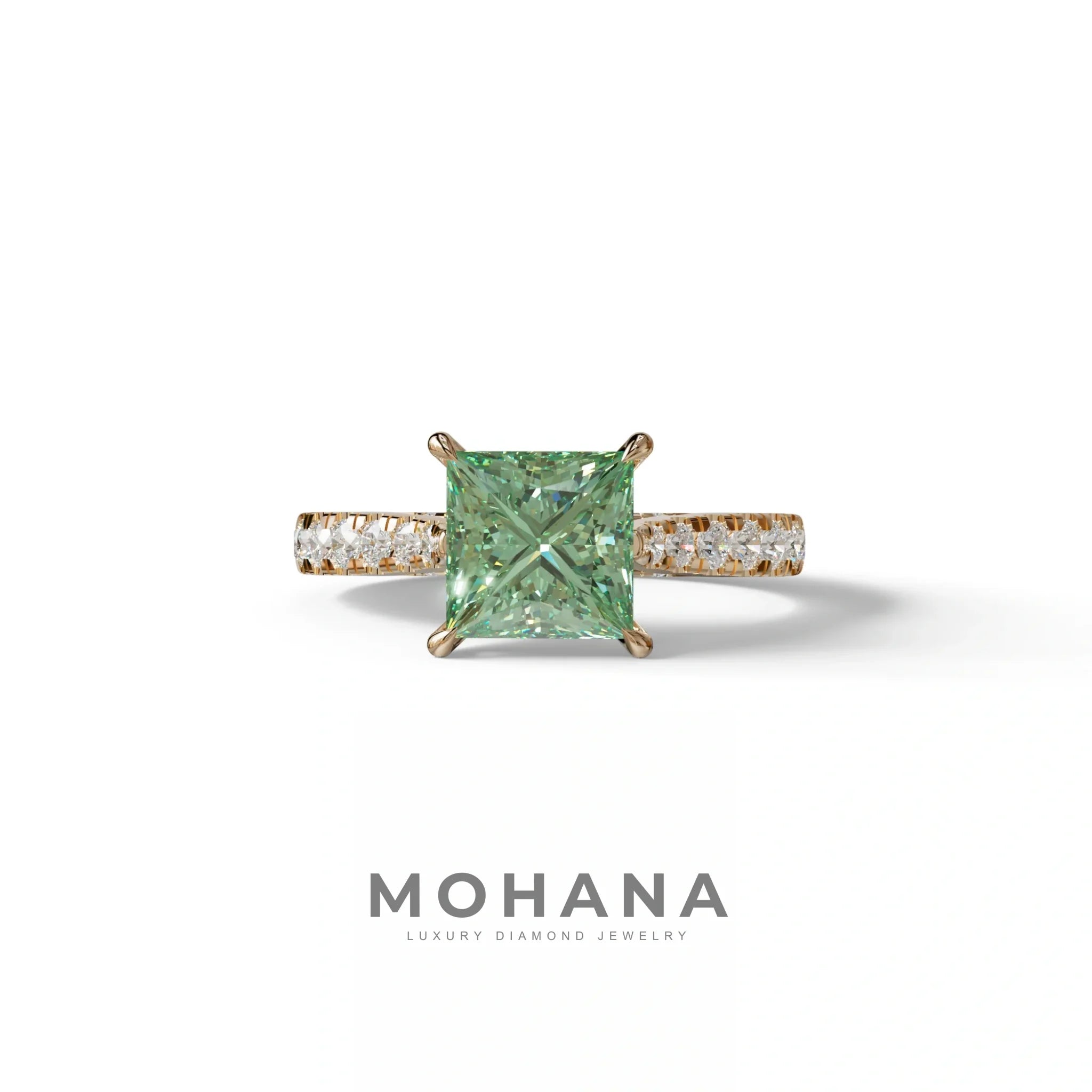 2.5 Carat Green Princess Cut Hidden Halo & Pave Lab Diamond Ring - Aries - 10K Solid Gold / Rose Gold