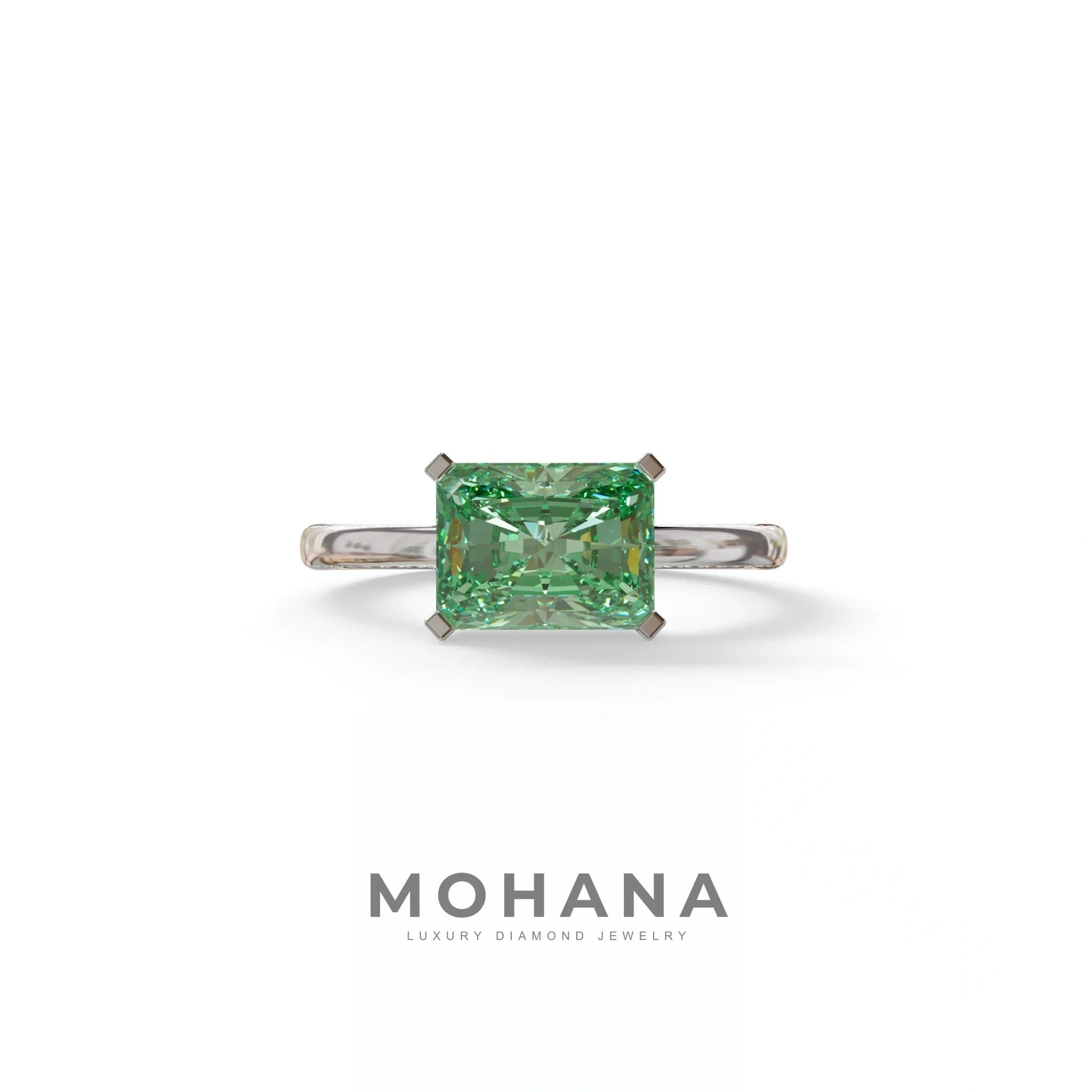2.5 Ct Green Radiant Cut Lab Grown Diamond In Pave-Chanel Setting Ring - Maxine - 10K Solid Gold / White Gold