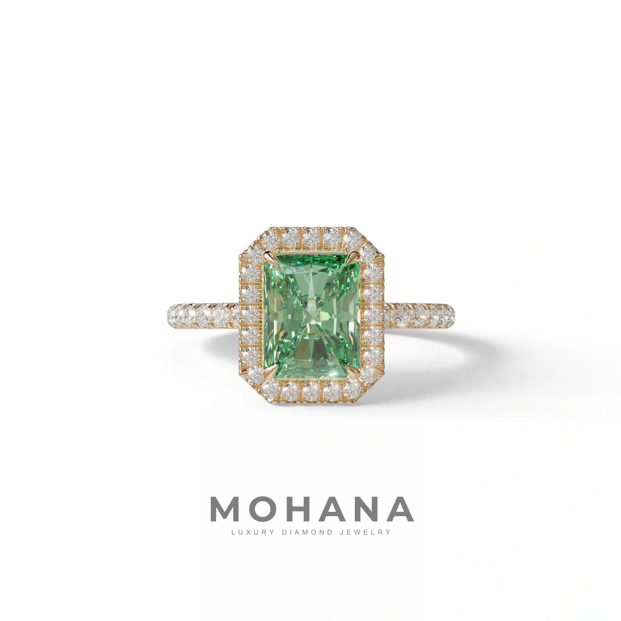 Green Radiant Cut Halo & Pave Lab Grown Diamond Engagement Ring - Madison - 2 Carat / 10K Solid Gold / Rose Gold