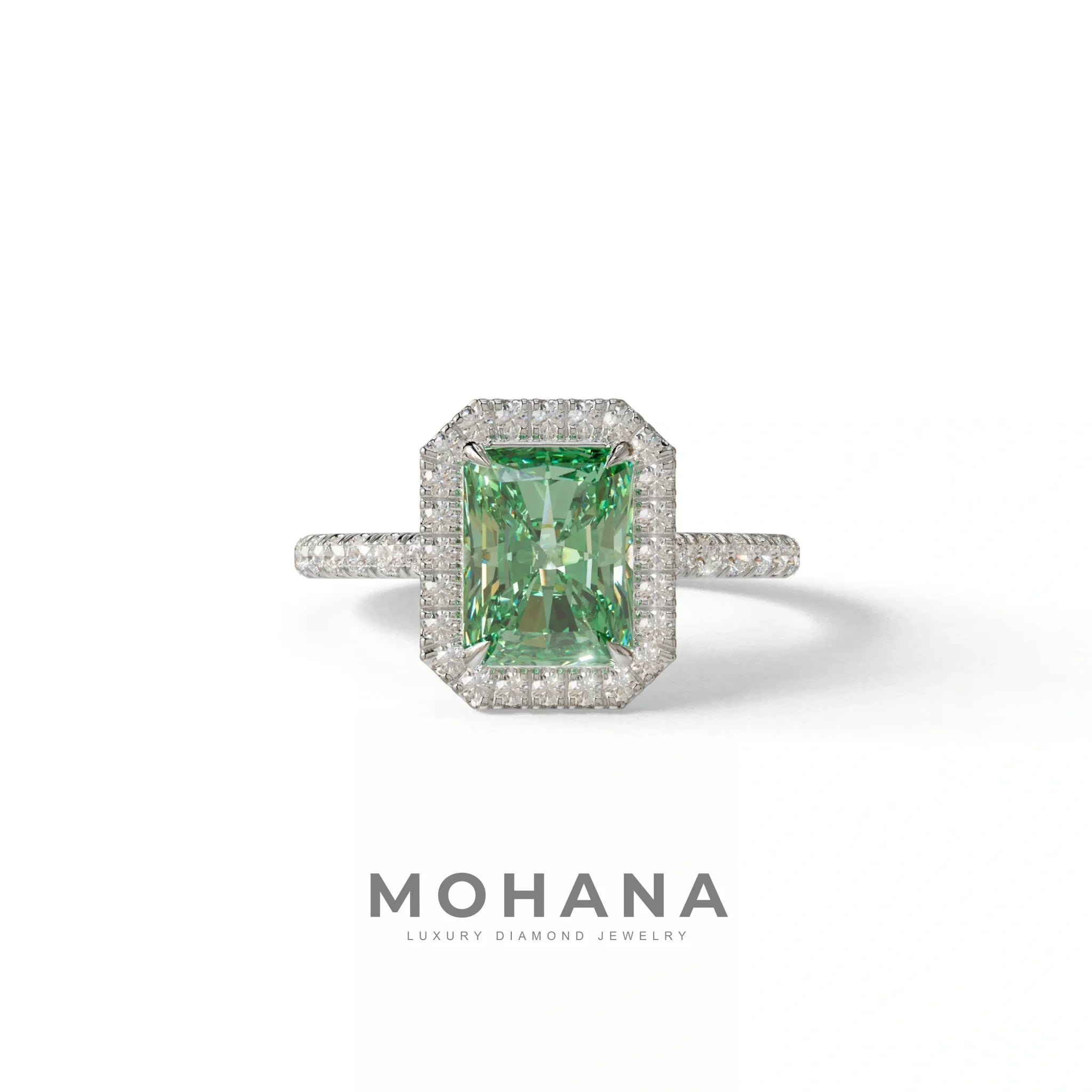 Green Radiant Cut Halo & Pave Lab Grown Diamond Engagement Ring - Madison - 2 Carat / 10K Solid Gold / White Gold