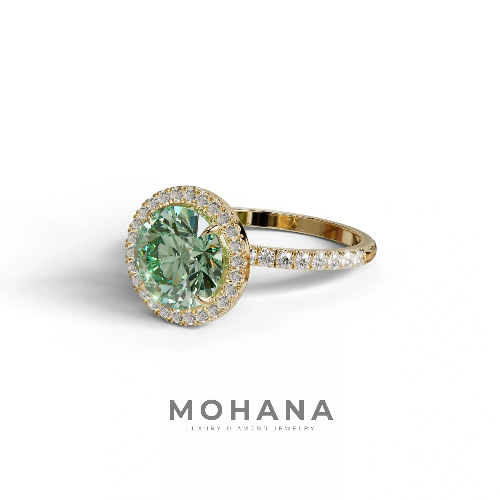 Fancy Vivid Green Round Cut Halo & Pave Lab Grown Diamond Engagement Ring - Flutura