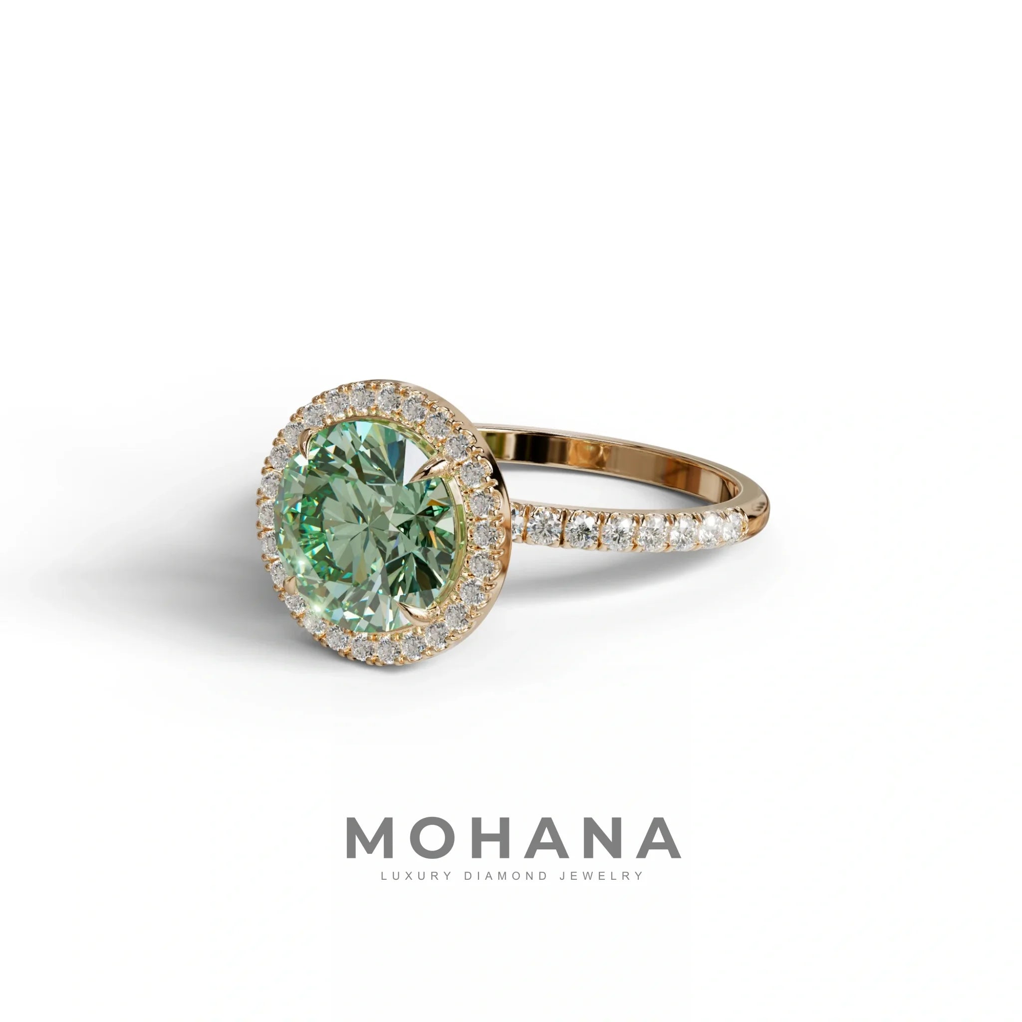 Fancy Vivid Green Round Cut Halo & Pave Lab Grown Diamond Engagement Ring - Flutura