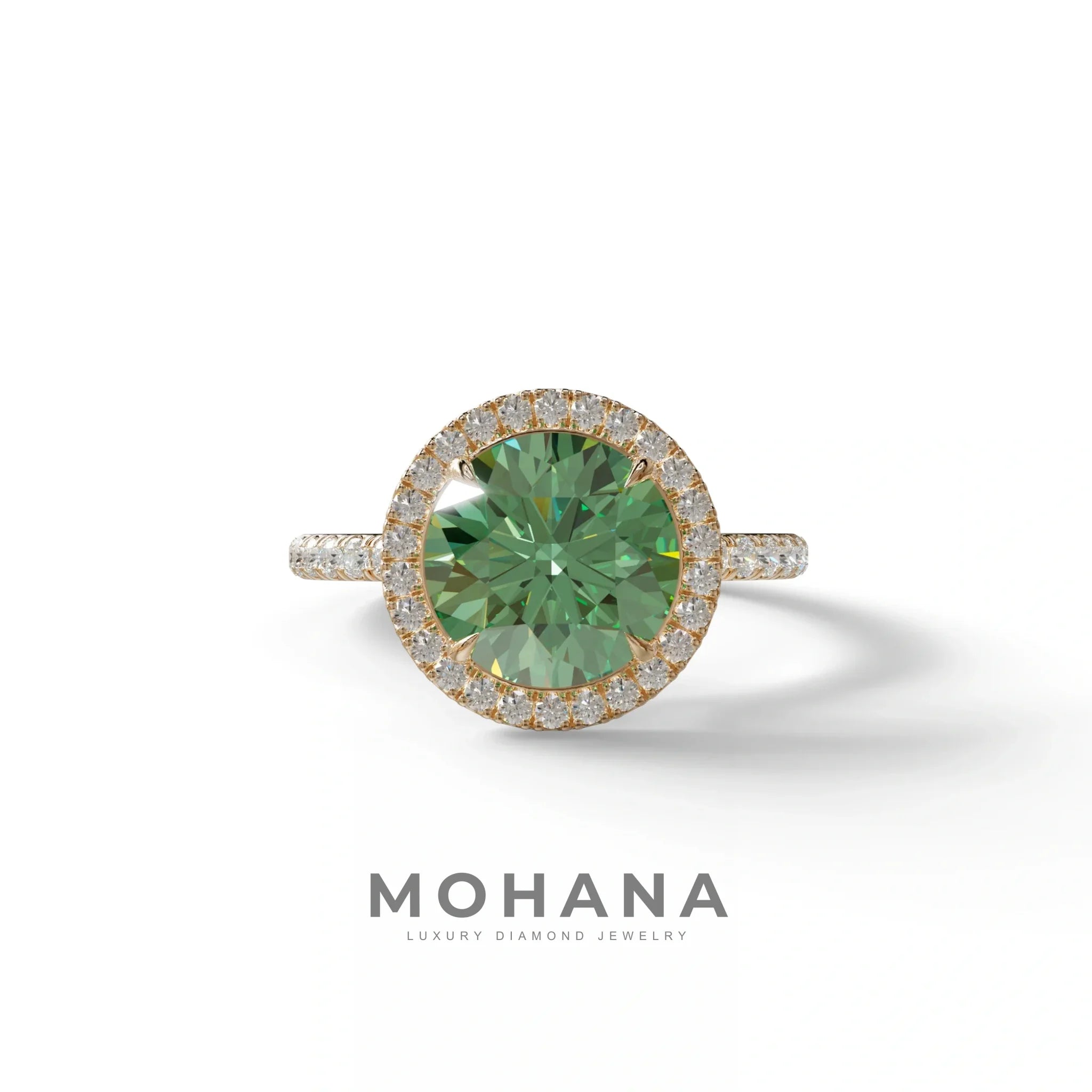 Fancy Vivid Green Round Cut Halo & Pave Lab Grown Diamond Engagement Ring - Flutura - 2 Carat / 10K Solid Gold / Rose