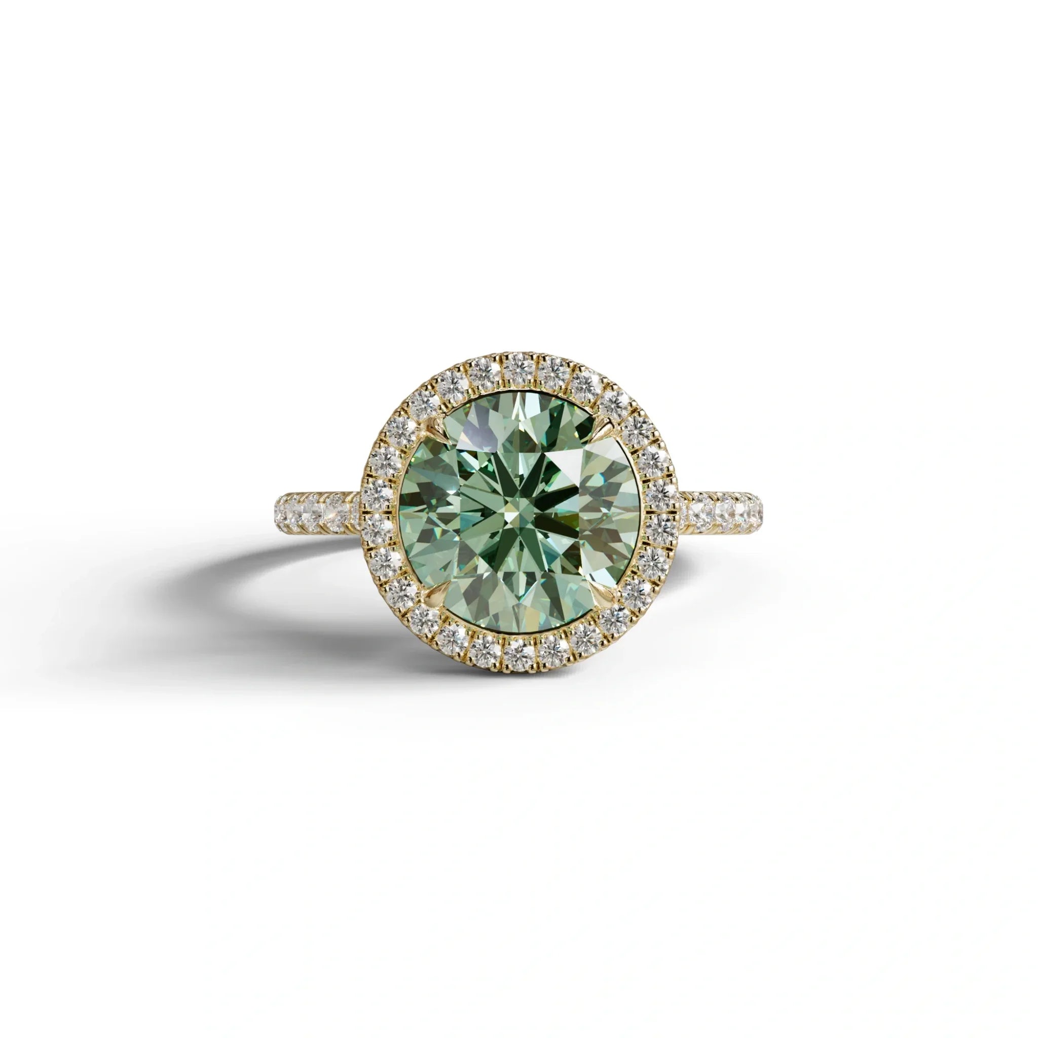 Fancy Vivid Green Round Cut Halo & Pave Lab Grown Diamond Engagement Ring - Flutura - 2 Carat / 10K Solid Gold / Yellow