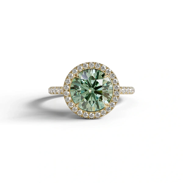 2 to 5 Carat Green Lab Grown Diamond Engagement Ring – Round Cut Halo & Pavé | Flutura