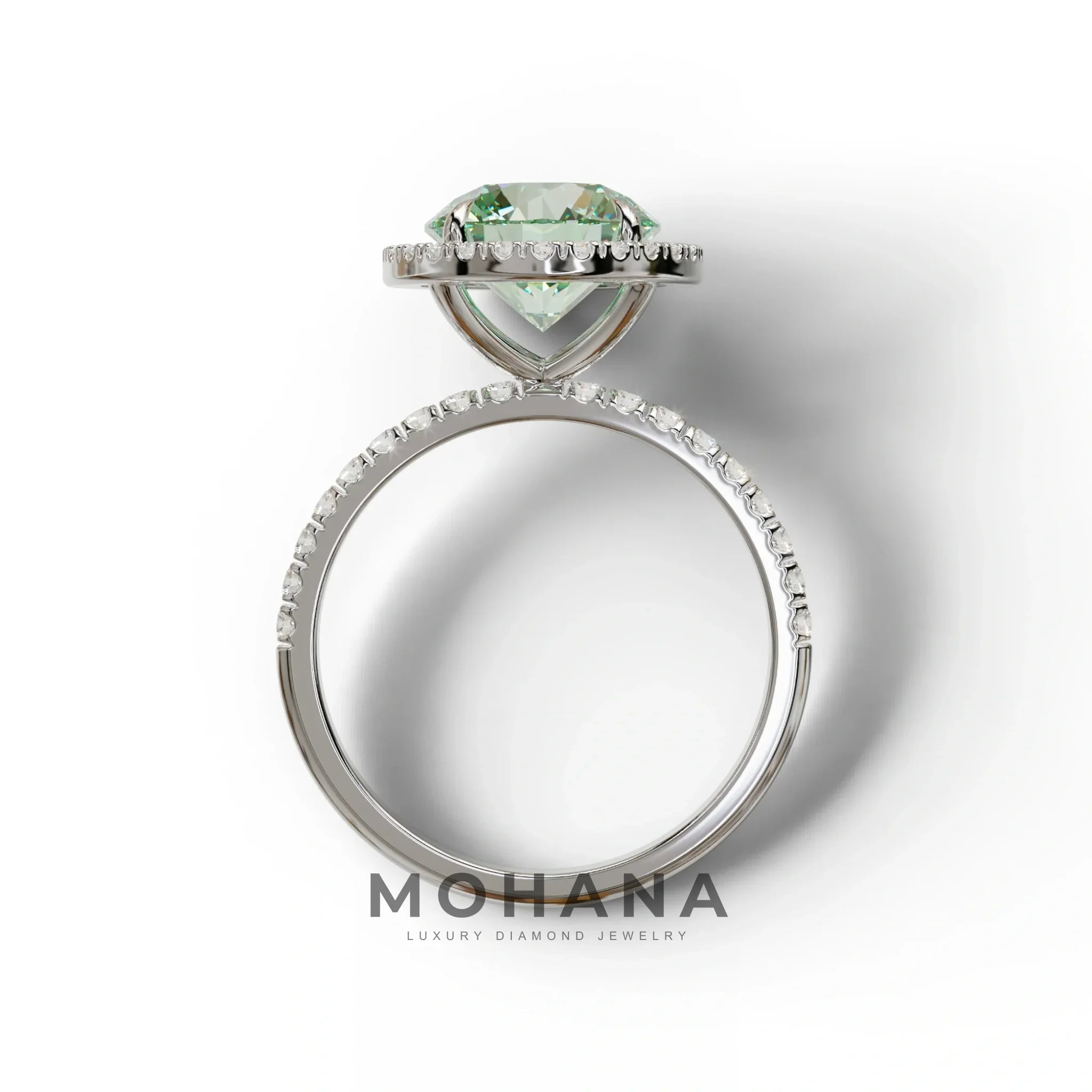 Fancy Vivid Green Round Cut Halo & Pave Lab Grown Diamond Engagement Ring - Flutura