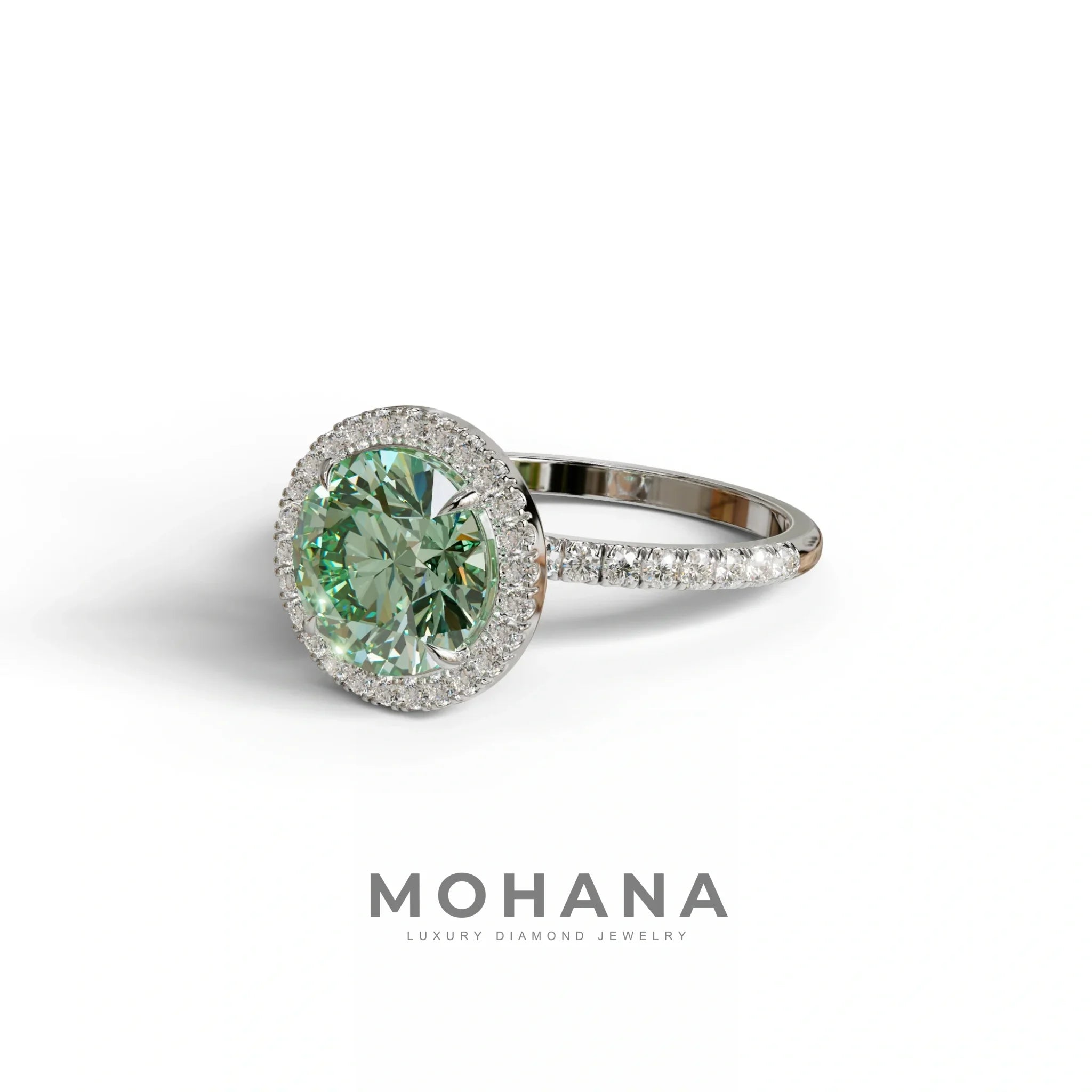 Fancy Vivid Green Round Cut Halo & Pave Lab Grown Diamond Engagement Ring - Flutura