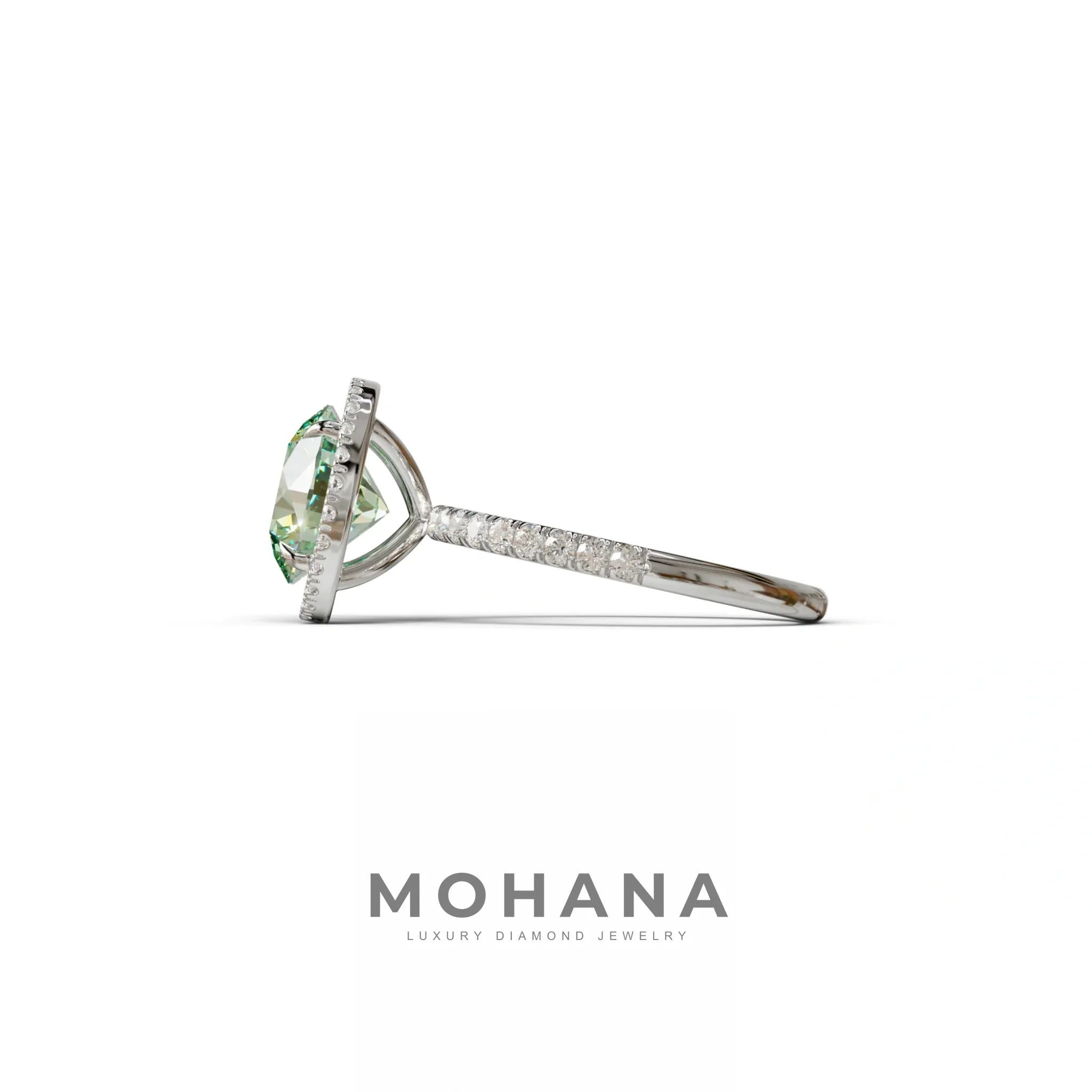 Fancy Vivid Green Round Cut Halo & Pave Lab Grown Diamond Engagement Ring - Flutura