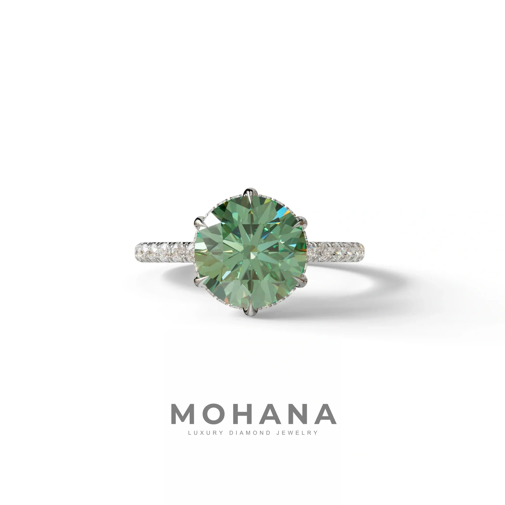 2.5 Carat Green Round Cut Hidden Halo & Pave Lab Diamond Ring - Hyper Saga - 10K Solid Gold / White Gold