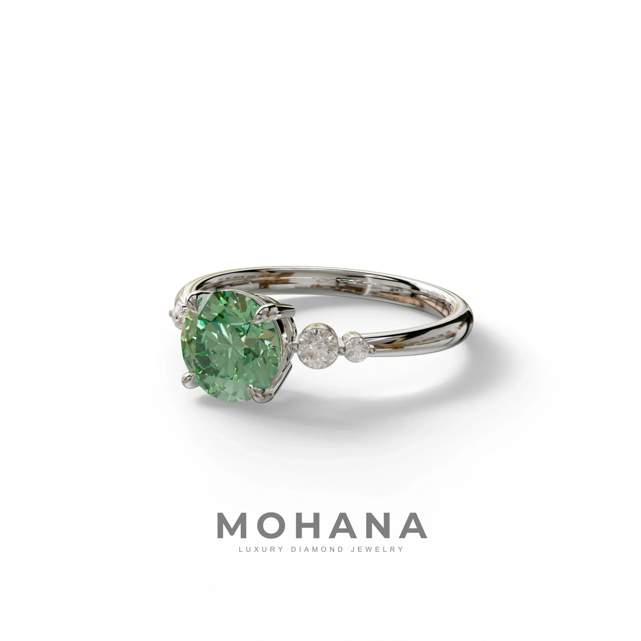 Green Round Three Stone Lab Grown Diamond Engagement Ring - Romance
