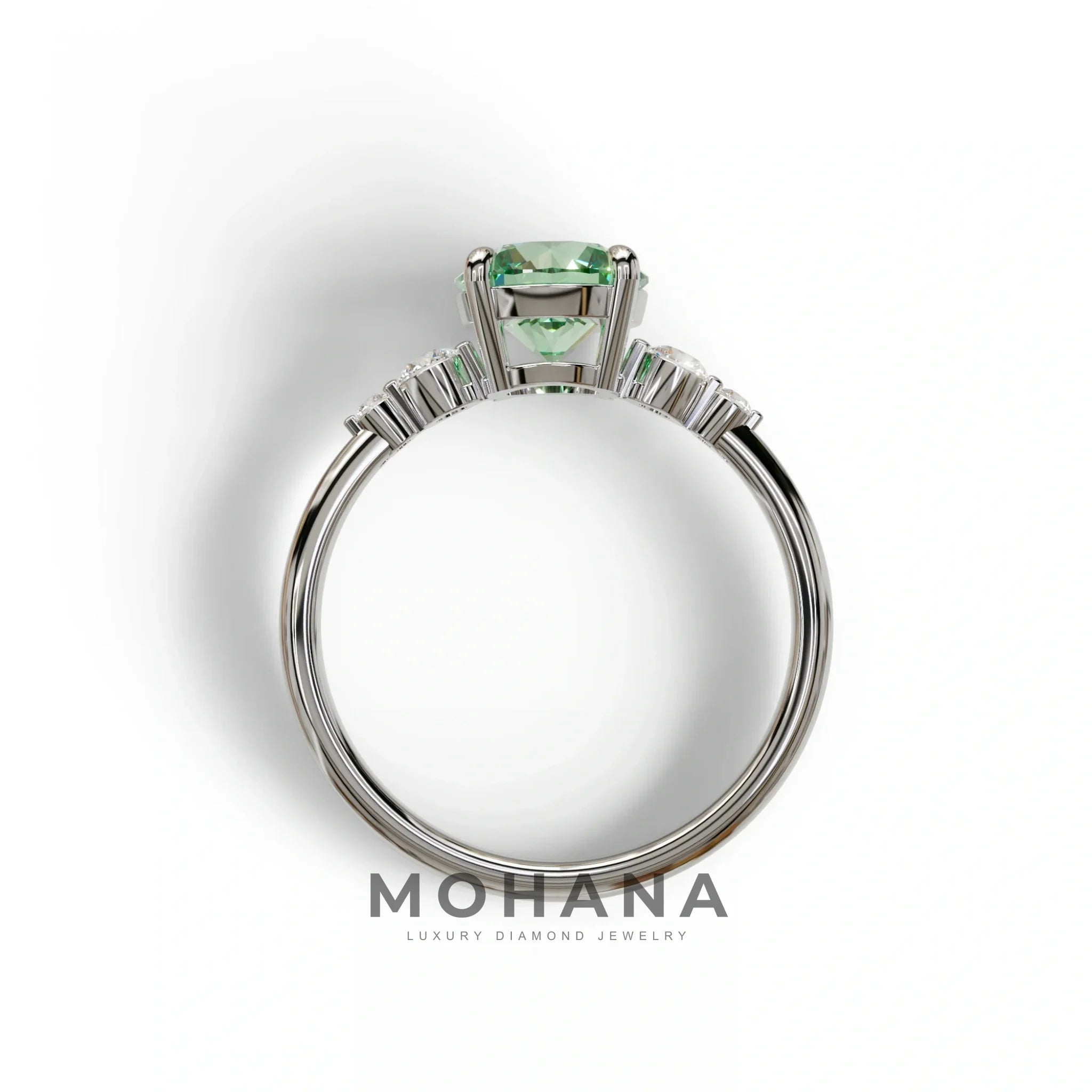 Green Round Three Stone Lab Grown Diamond Engagement Ring - Romance