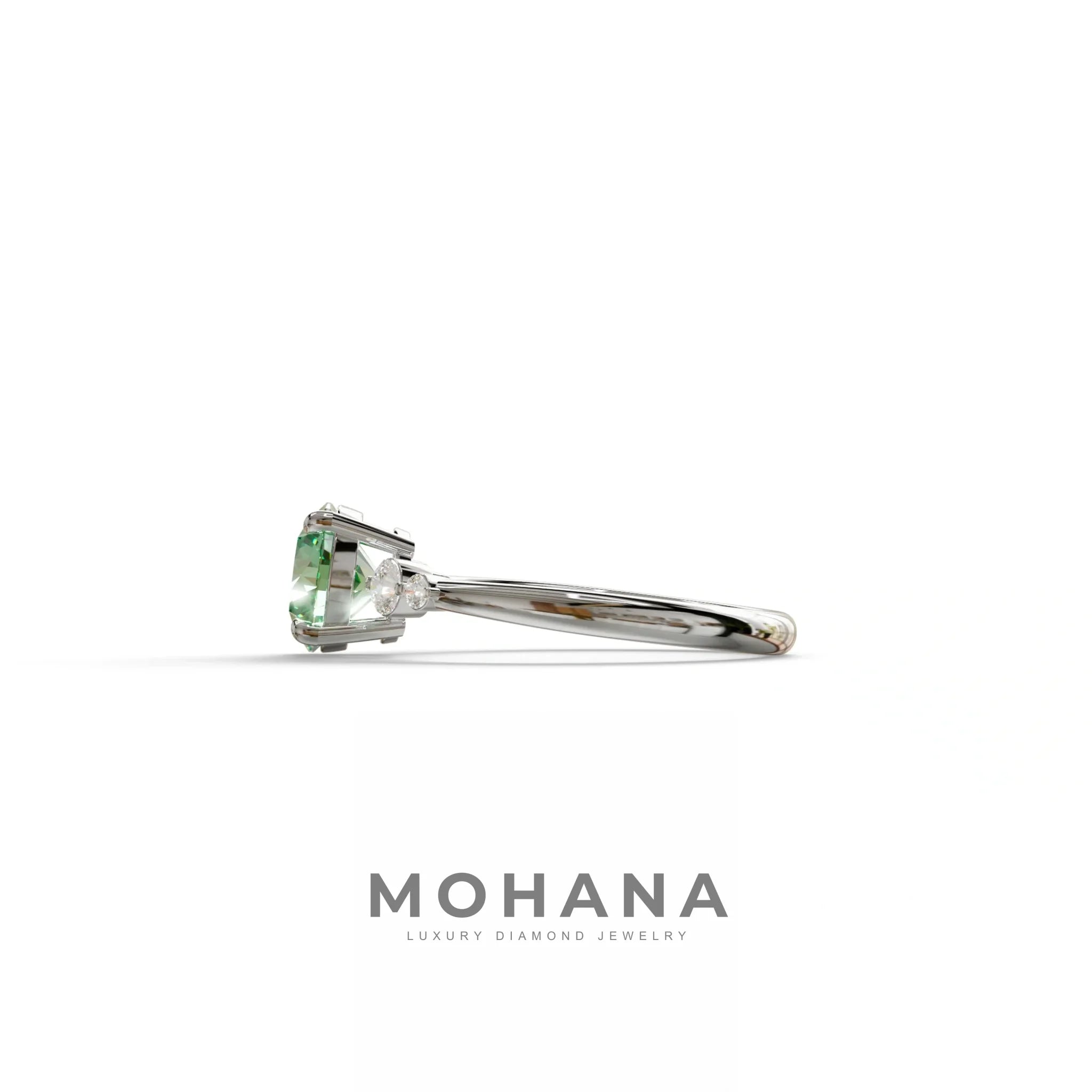 Green Round Three Stone Lab Grown Diamond Engagement Ring - Romance
