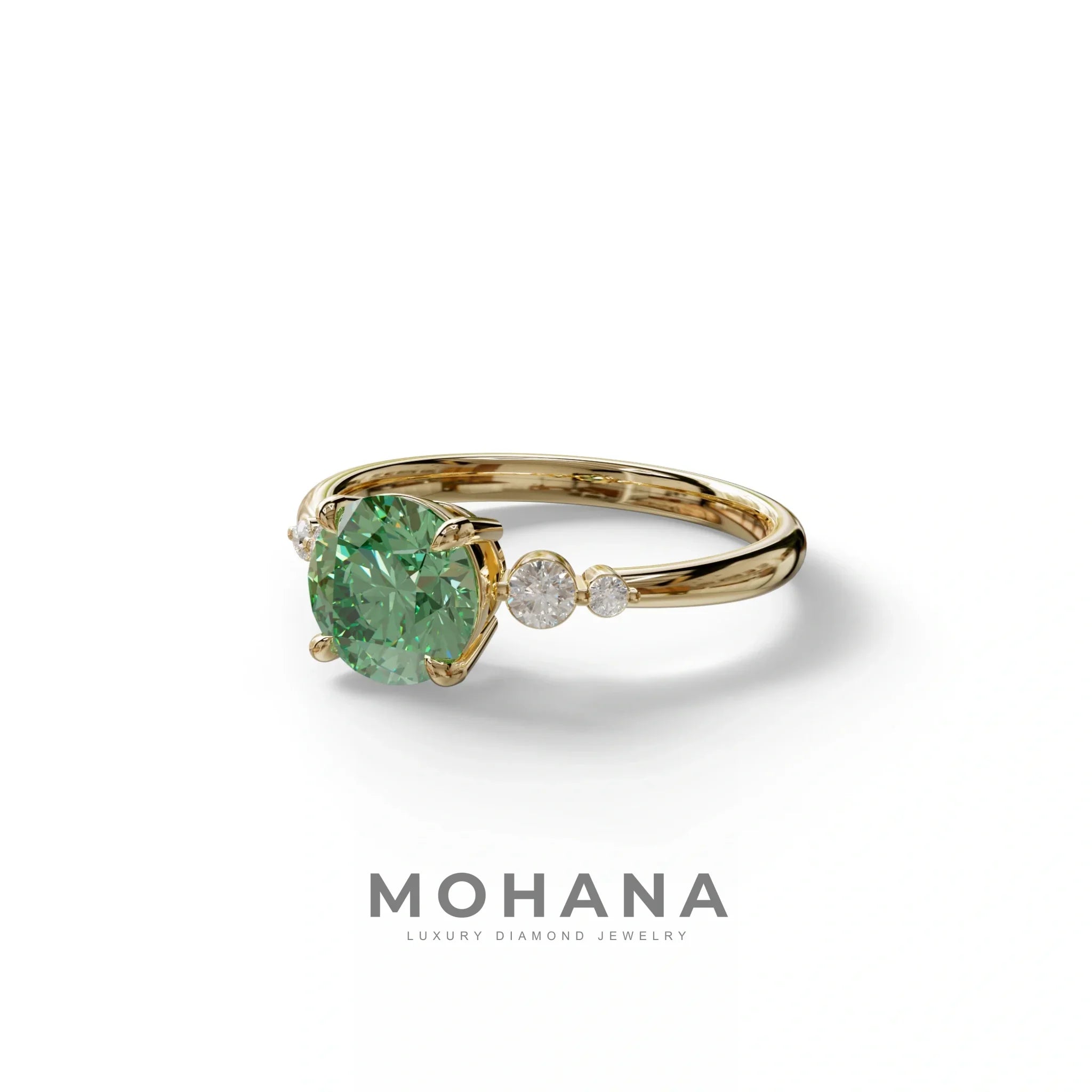 Green Round Three Stone Lab Grown Diamond Engagement Ring - Romance