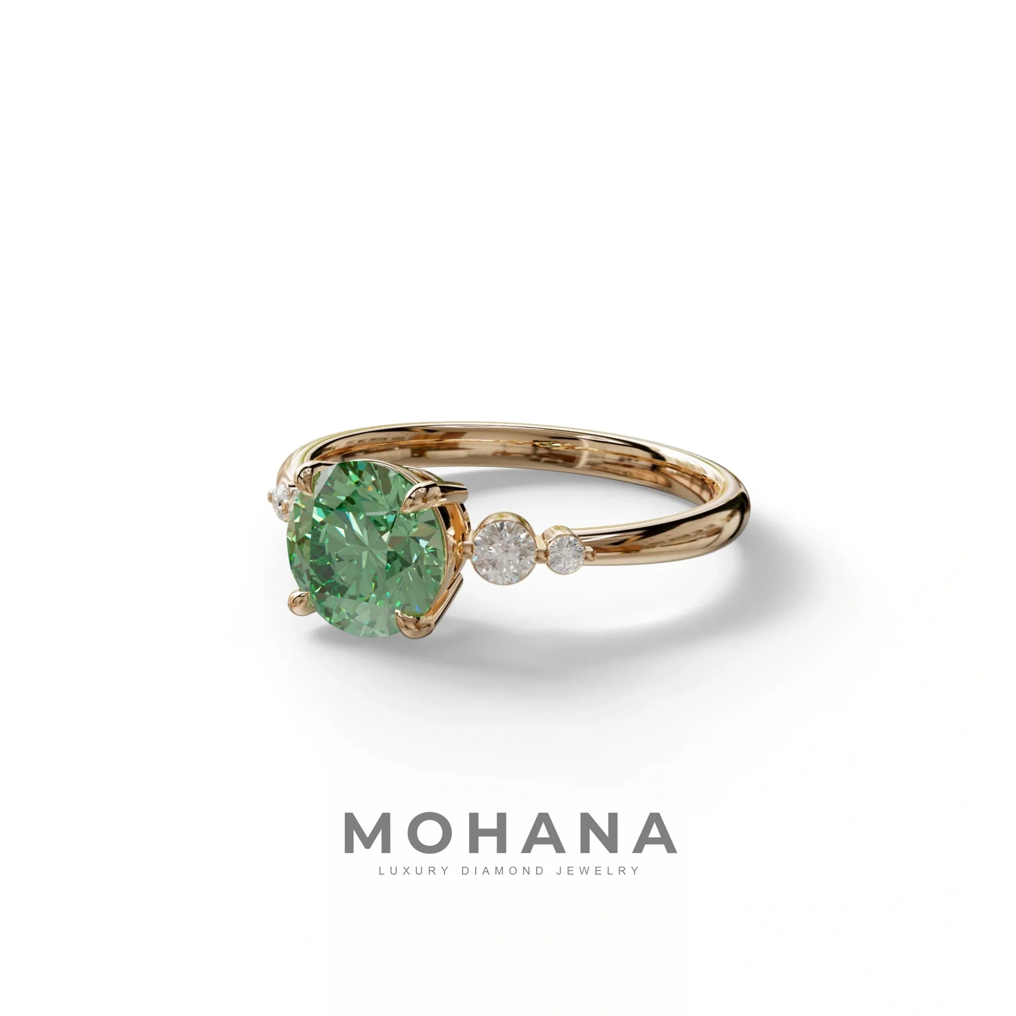 Green Round Three Stone Lab Grown Diamond Engagement Ring - Romance