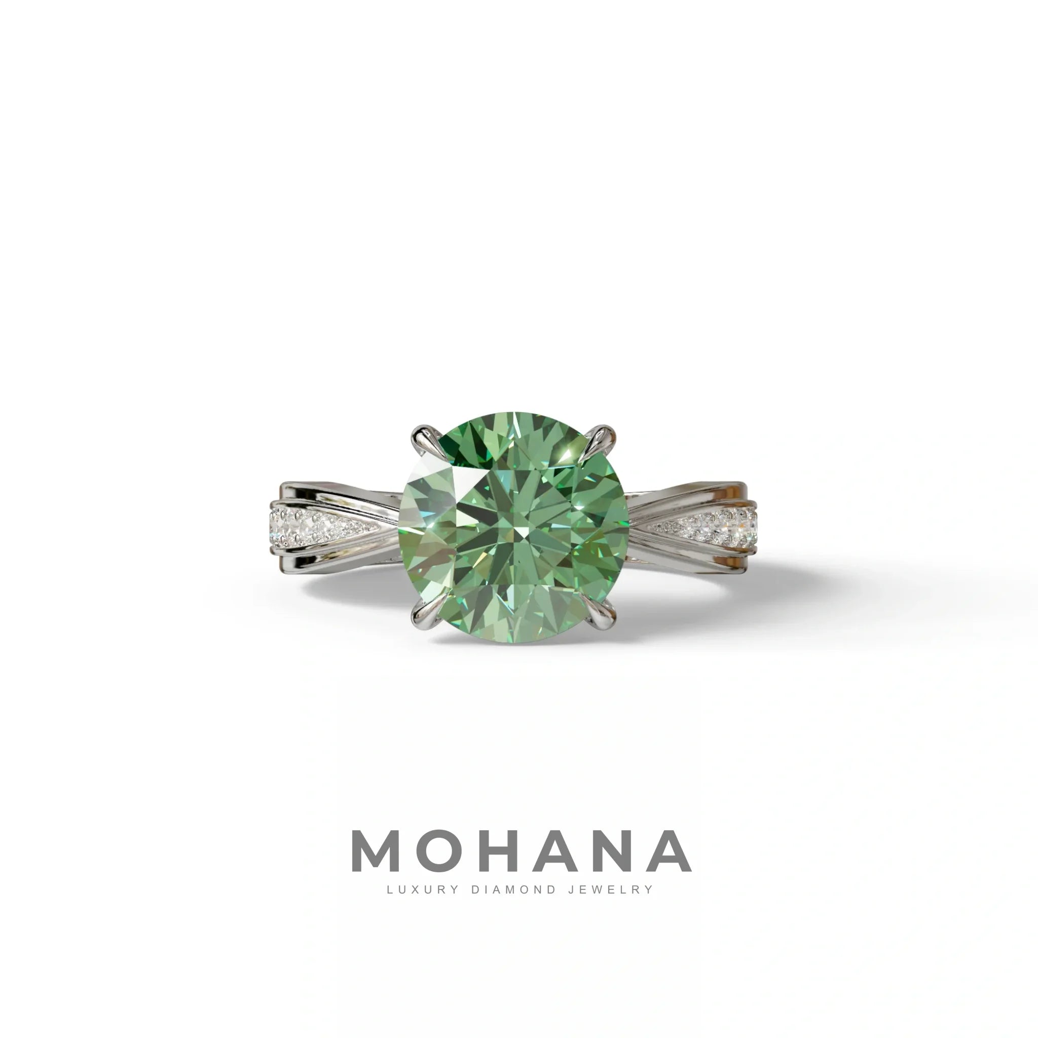 2.5 Carat Green Round Shaped Lab Diamond Ring V-Shank Pave Setting -Je t’adore - 10K Solid Gold / White Gold