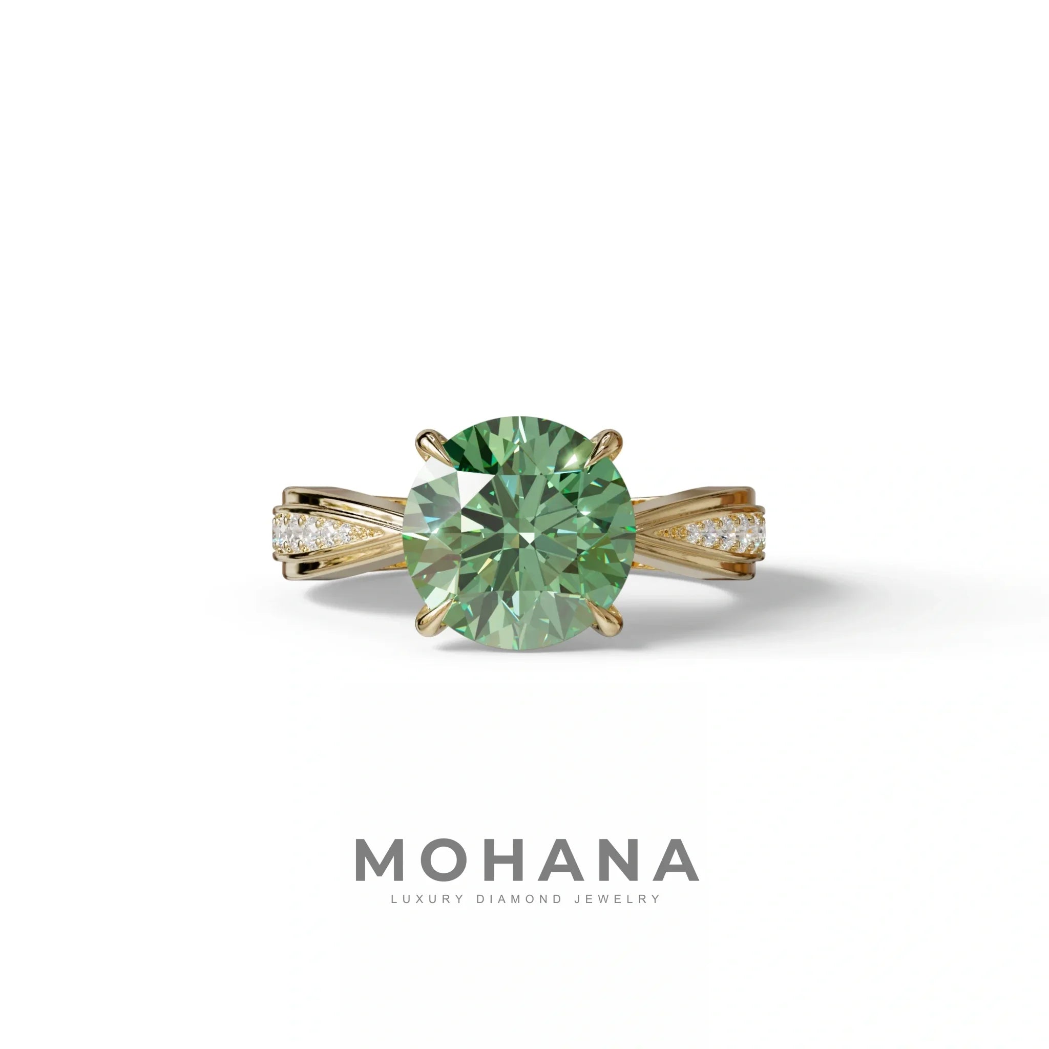 2.5 Carat Green Round Shaped Lab Diamond Ring V-Shank Pave Setting -Je t’adore - 10K Solid Gold / Yellow Gold