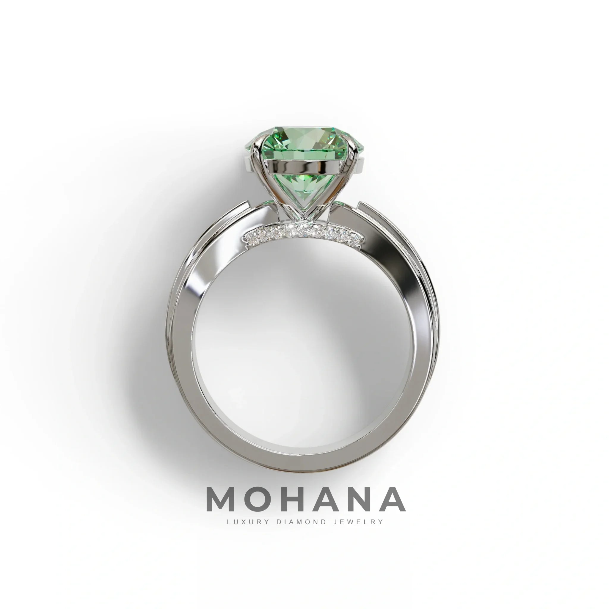 2.5 Carat Green Round Shaped Lab Diamond Ring V-Shank Pave Setting -Je t’adore
