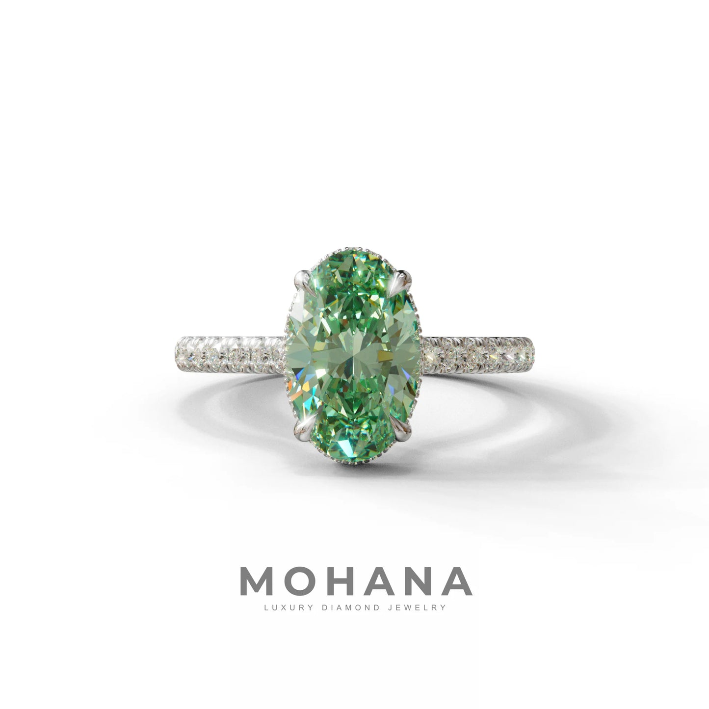 2.5 Carat Green Oval Hidden Halo & Pave Setting Lab Diamond Ring - Eblouissant - 10K Solid Gold / White Gold