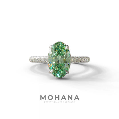 2.5 Carat Green Oval Hidden Halo & Pave Setting Lab Diamond Ring - Eblouissant - 10K Solid Gold / White Gold