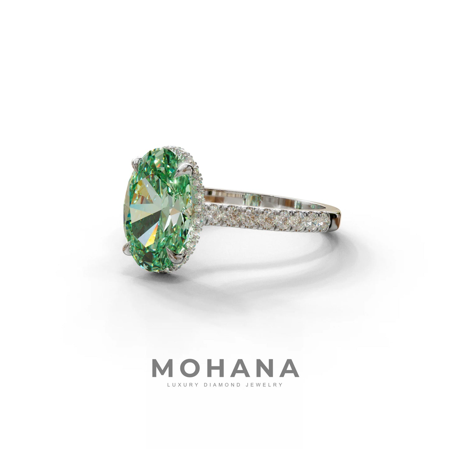 2.5 Carat Green Oval Hidden Halo & Pave Setting Lab Diamond Ring - Eblouissant