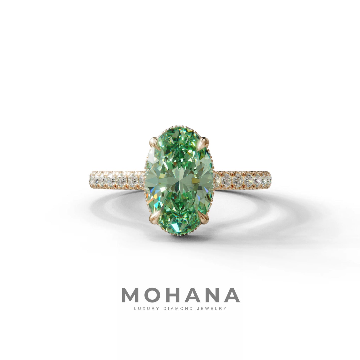 2.5 Carat Green Oval Hidden Halo & Pave Setting Lab Diamond Ring - Eblouissant - 10K Solid Gold / Rose Gold