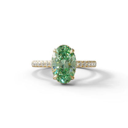 2.5 Carat Green Oval Hidden Halo & Pave Setting Lab Diamond Ring - Eblouissant - 10K Solid Gold / Yellow Gold