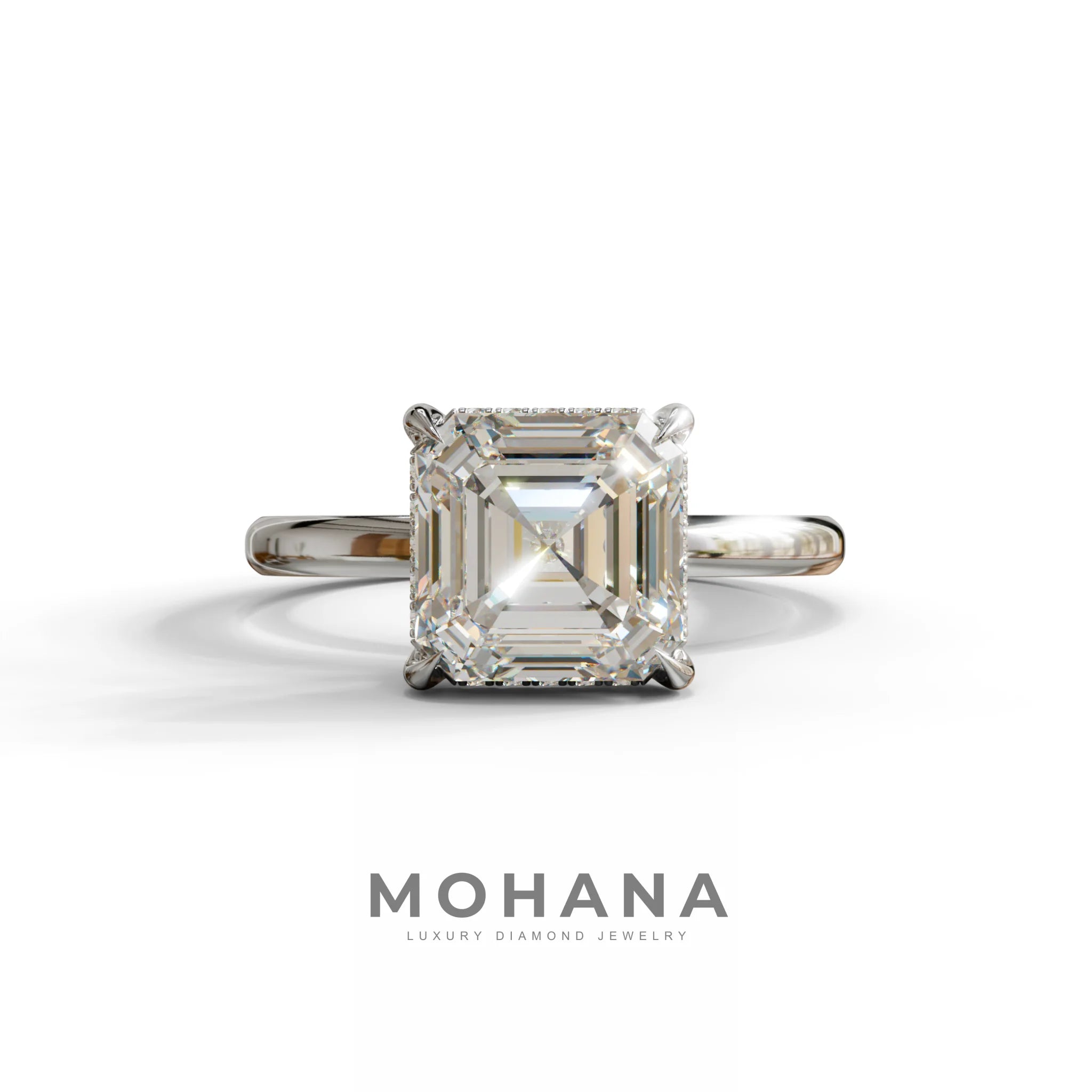 2.5 Carat E-VVS Asscher Cut Hidden Halo Setting Lab Grown Diamond Ring - 10K Solid Gold / White Gold