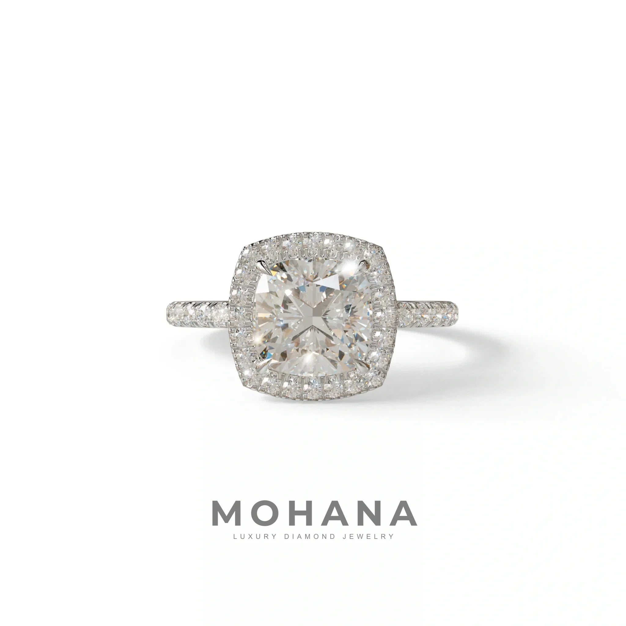 E-VVS Cushion Cut Halo & Pave Lab Grown Diamond Engagement Ring - Rosa - 2 Carat / 10K Solid Gold / White Gold