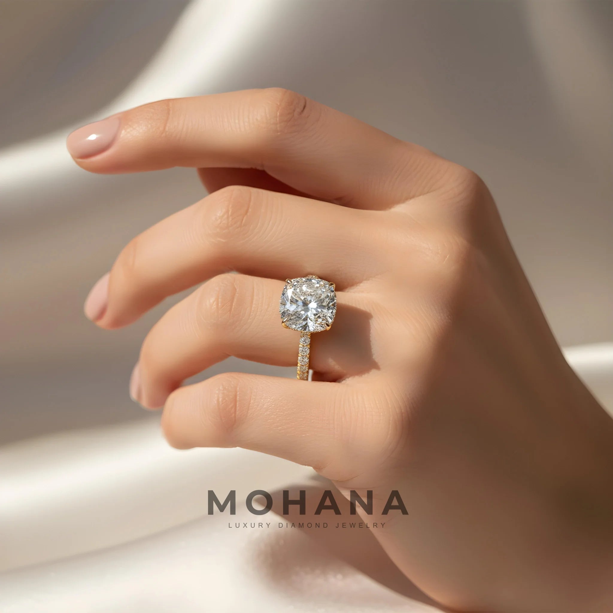 2.5 Carat E VVS Cushion Cut Hidden Halo & Pave Lab Grown Diamond Ring