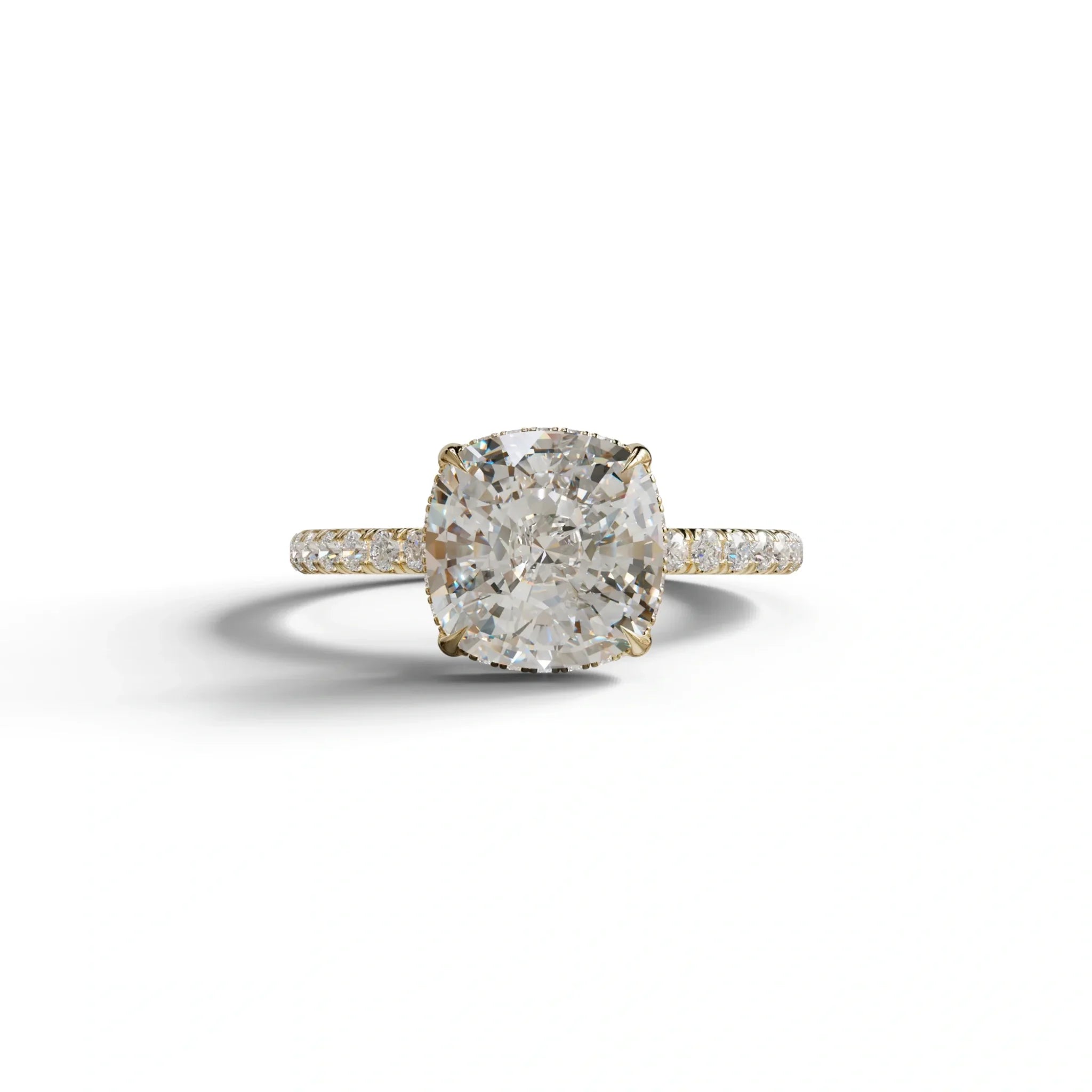 2.5 Carat E-VVS Cushion Cut Hidden Halo & Pave Lab Grown Diamond Ring - 10K Solid Gold / Yellow Gold
