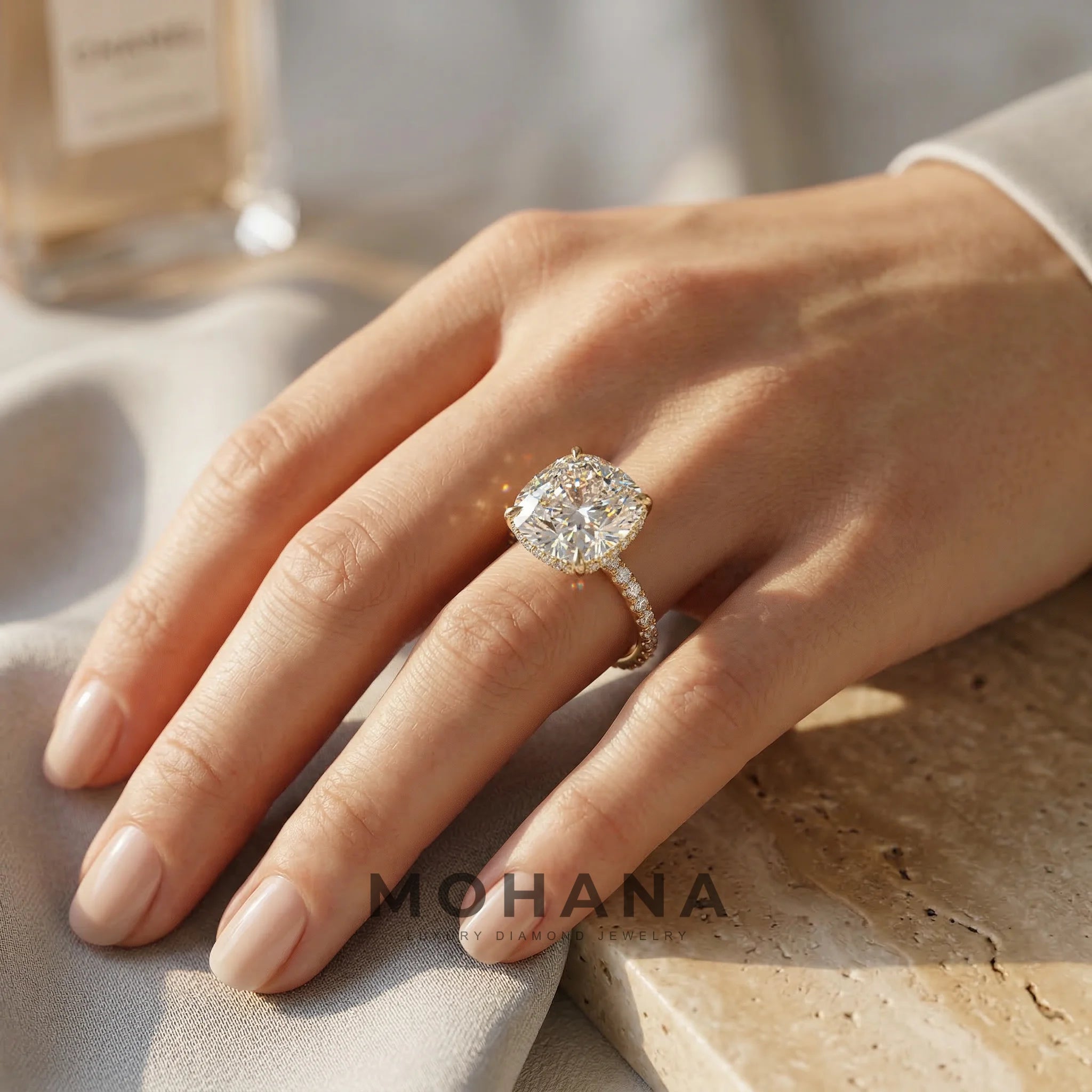 2.5 Carat E VVS Cushion Cut Lab Grown Diamond Hidden Halo Pave Engagement Ring Eblouissant