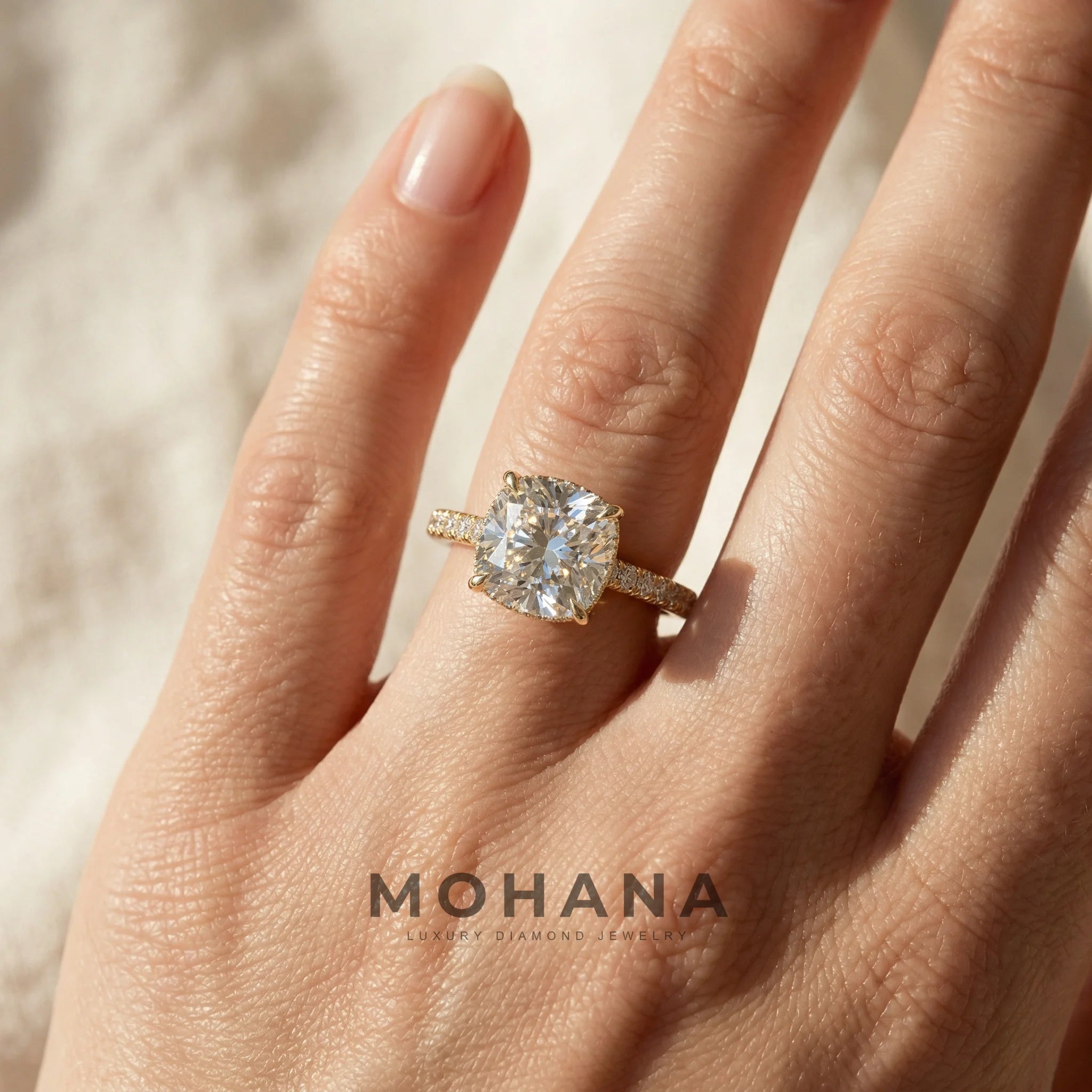 2.5 Carat E VVS Cushion Cut Lab Grown Diamond Hidden Halo Pave Engagement Ring Eblouissant