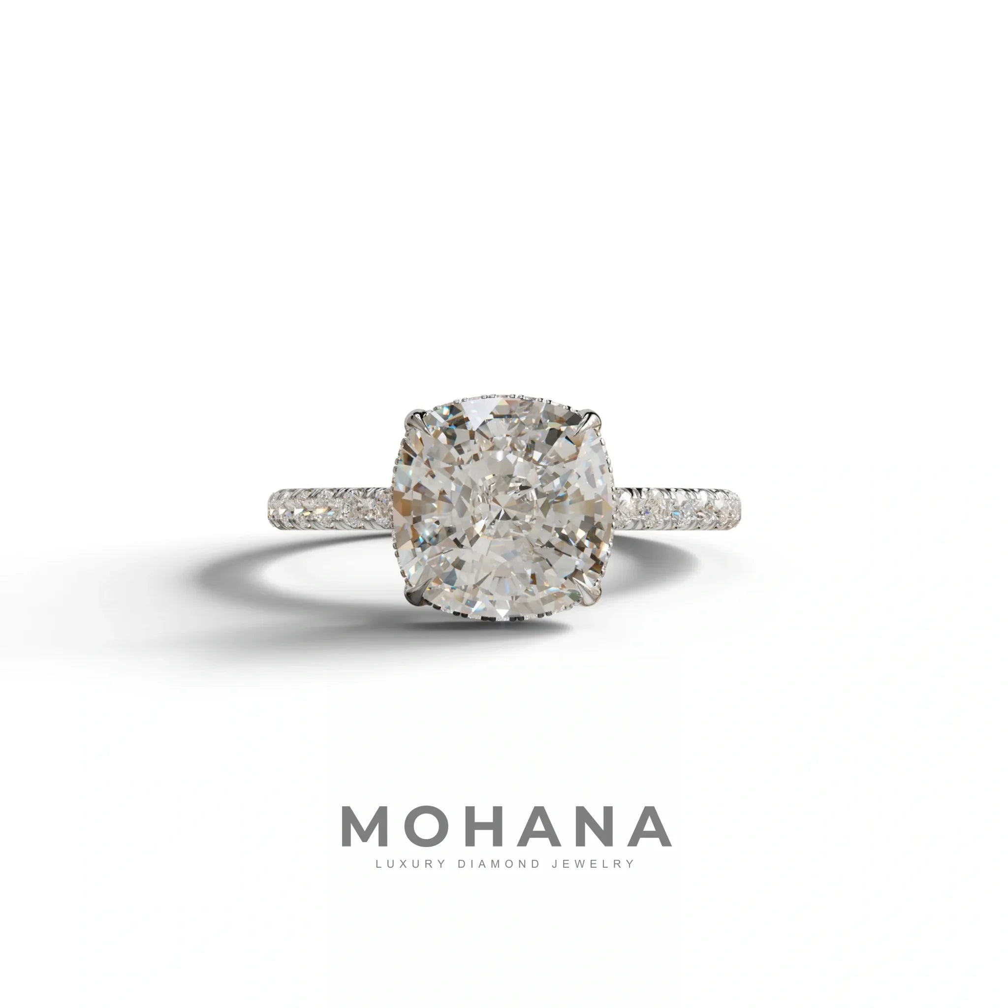 2.5 Carat E-VVS Cushion Cut Hidden Halo & Pave Lab Grown Diamond Ring - 10K Solid Gold / White Gold