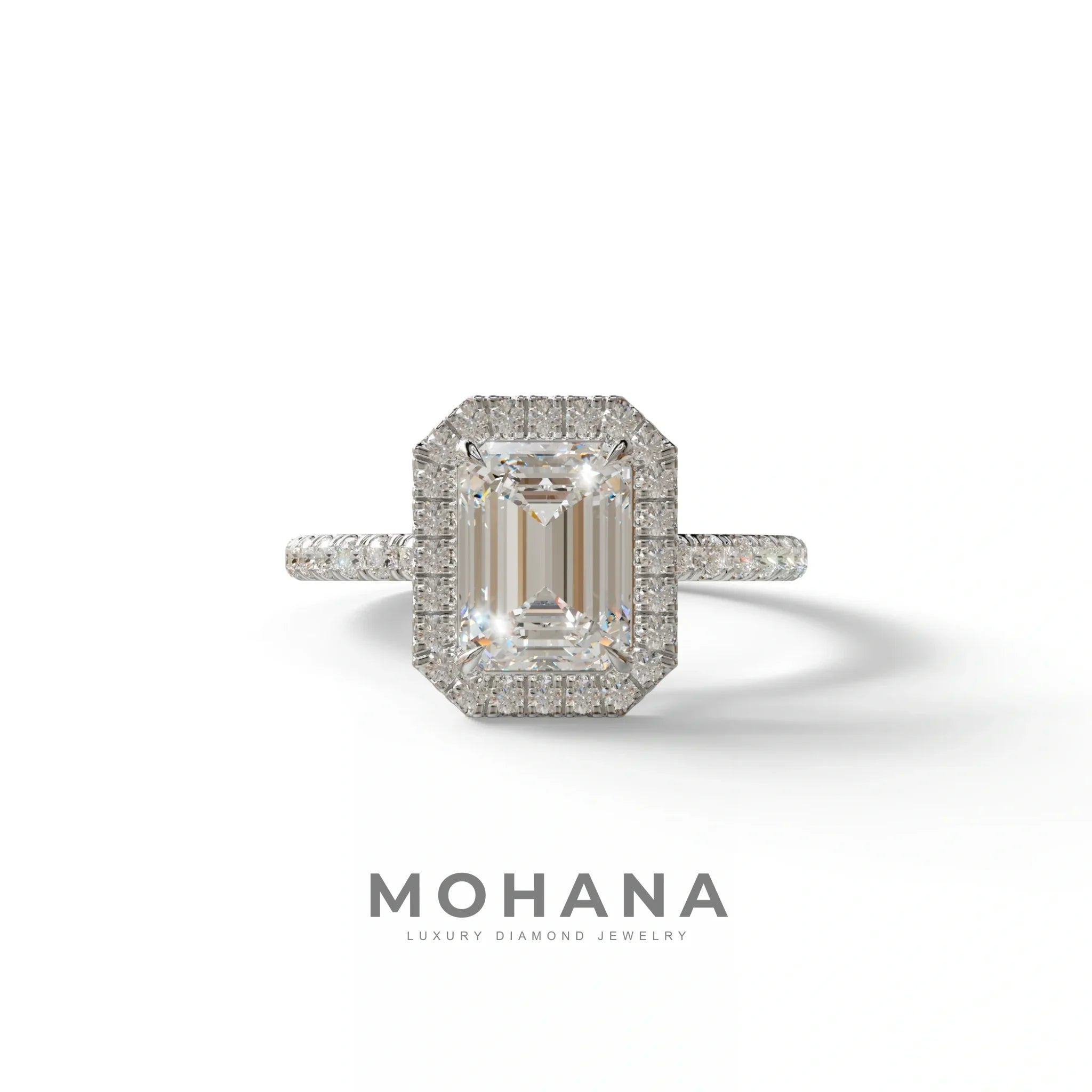 E-VVS Emerald Cut Halo & Pave Lab Grown Diamond Engagement Ring - Viola - 2 Carat / 10K Solid Gold / White Gold