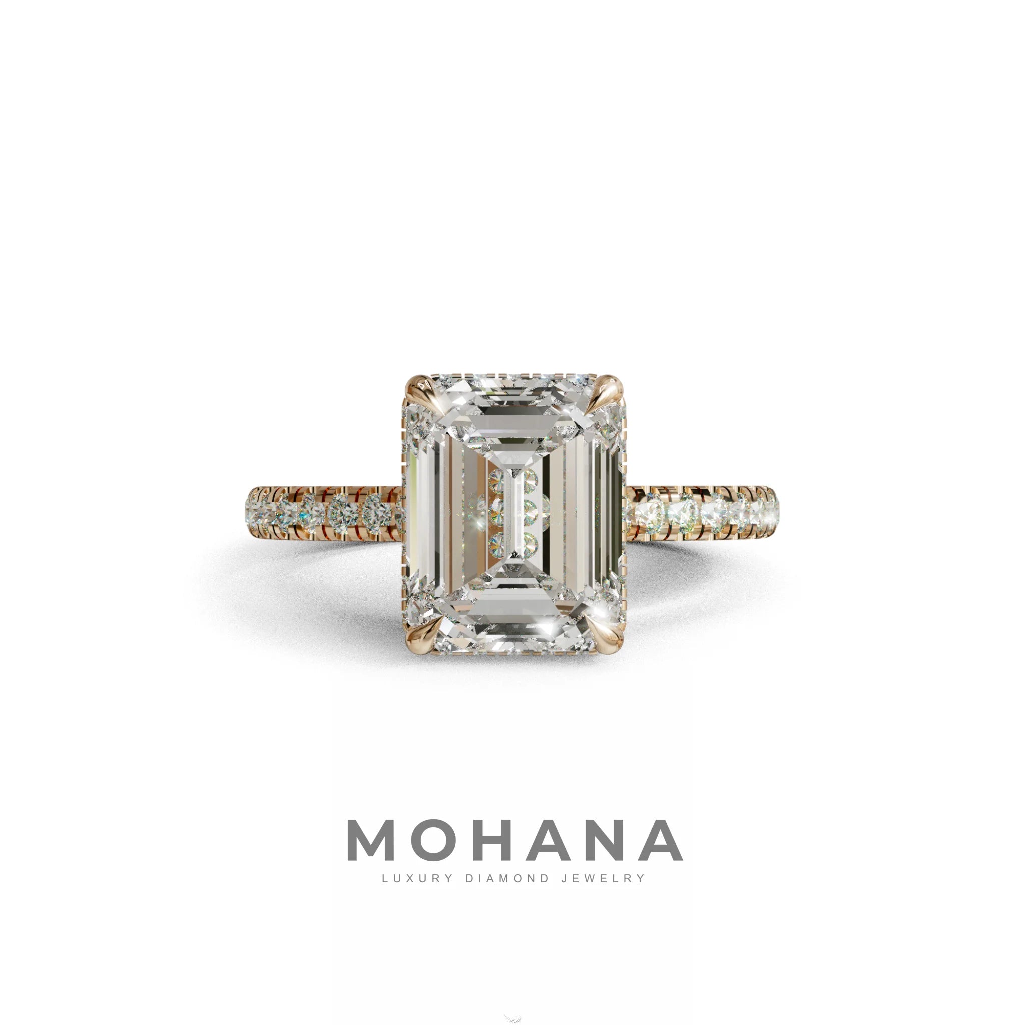 2.5 Ct E/VVS Emerald Cut Lab Diamond In Hidden Halo & Pave Setting Ring - Siena - 10K Solid Gold / Rose Gold