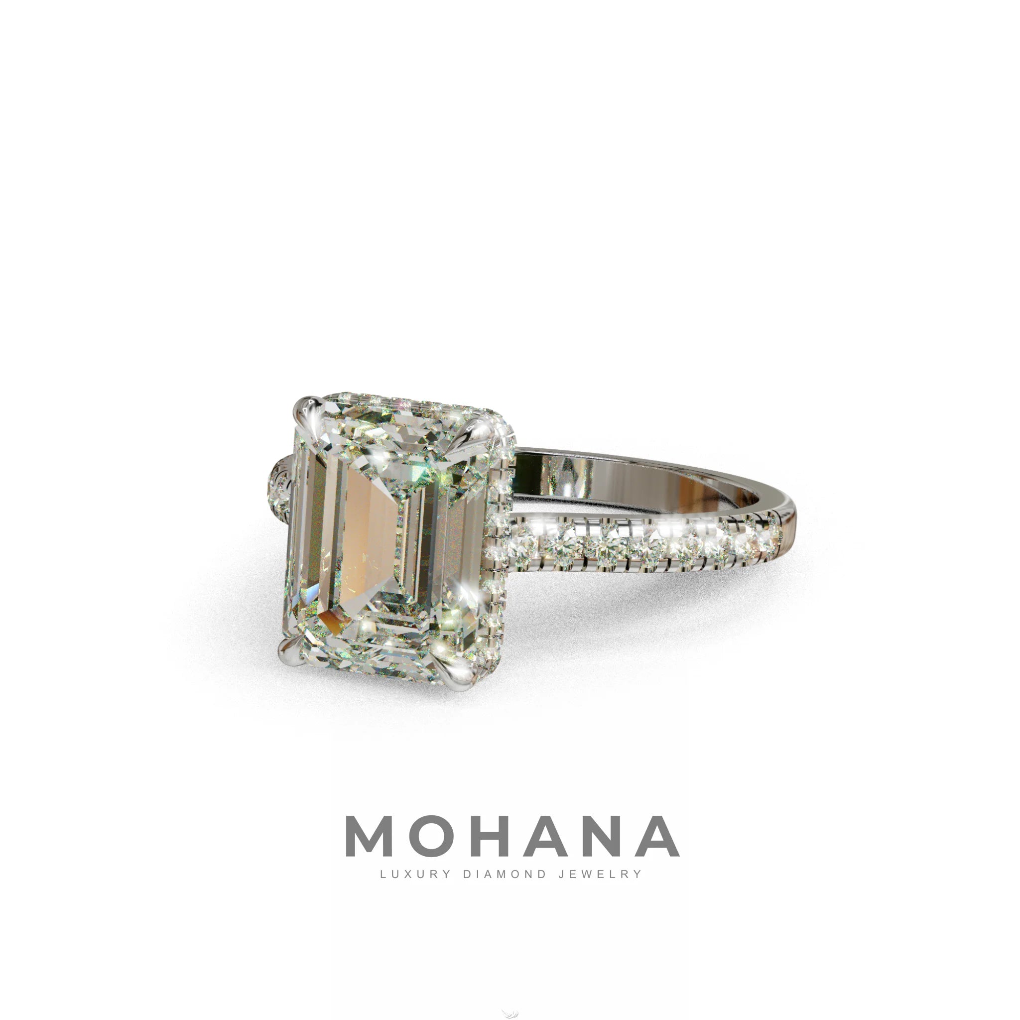 2.5 Ct E/VVS Emerald Cut Lab Diamond In Hidden Halo & Pave Setting Ring - Siena