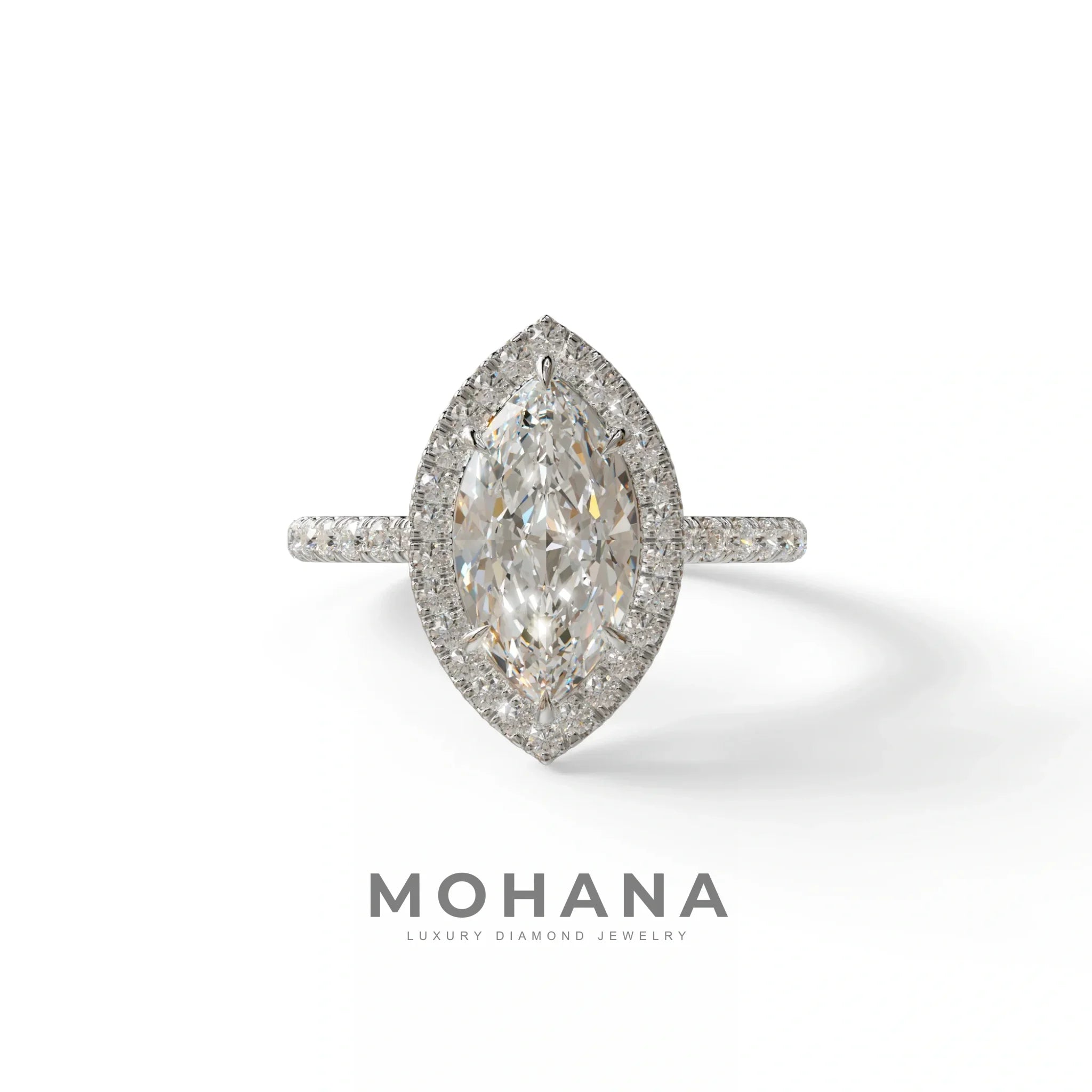 E-VVS Marquise Cut Halo & Pave Lab Grown Diamond Engagement Ring - Simplicity - 2 Carat / 10K Solid Gold / White Gold