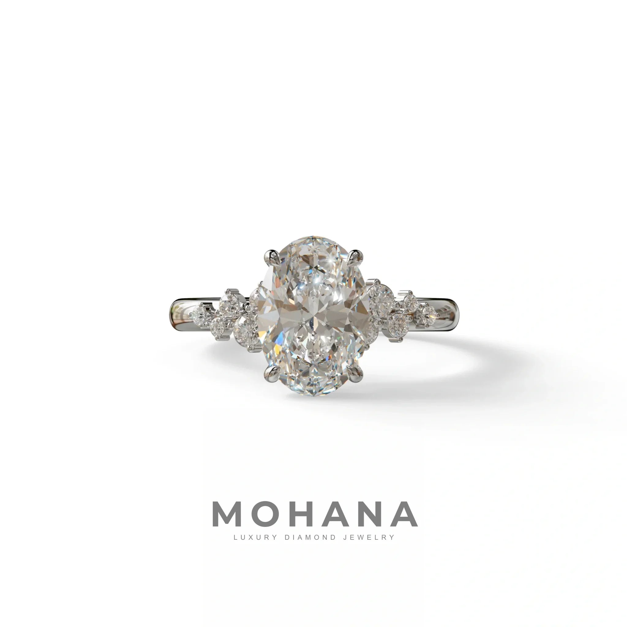 E-VVS Oval Cut Cluster-Vintage Setting Lab Grown Diamond Ring - Celeste Arc - 2 Carat / 10K Solid Gold / White Gold