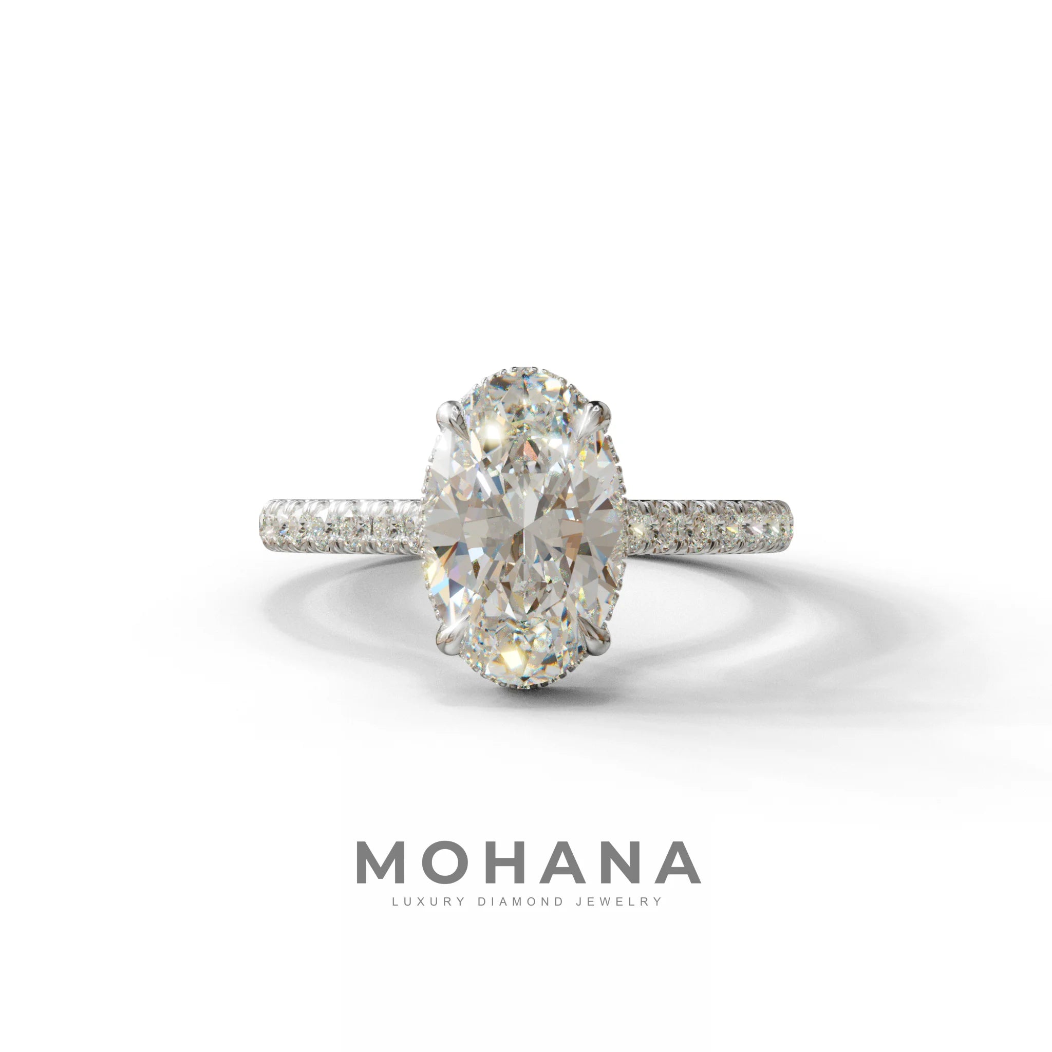 2.5 Carat E VVS Oval Hidden Halo & Pave Setting Lab Diamond Ring - Eblouissant - 10K Solid Gold / White Gold
