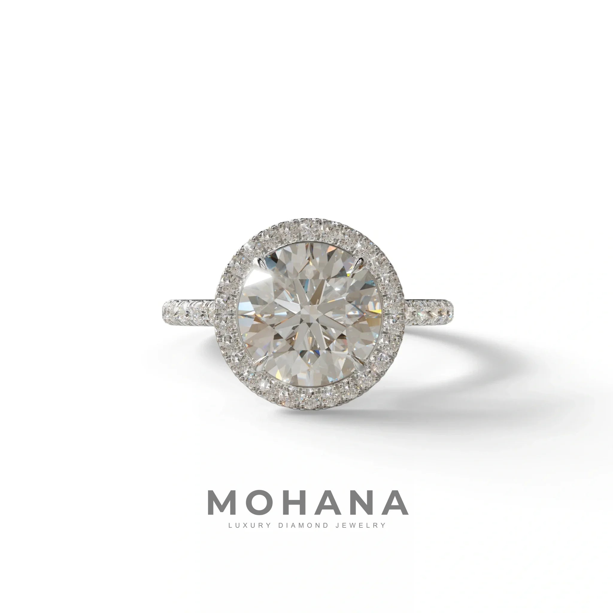 E VVS Round Cut Halo & Pave Lab Grown Diamond Engagement Ring - Flutura - 2 Carat / 10K Solid Gold / White Gold