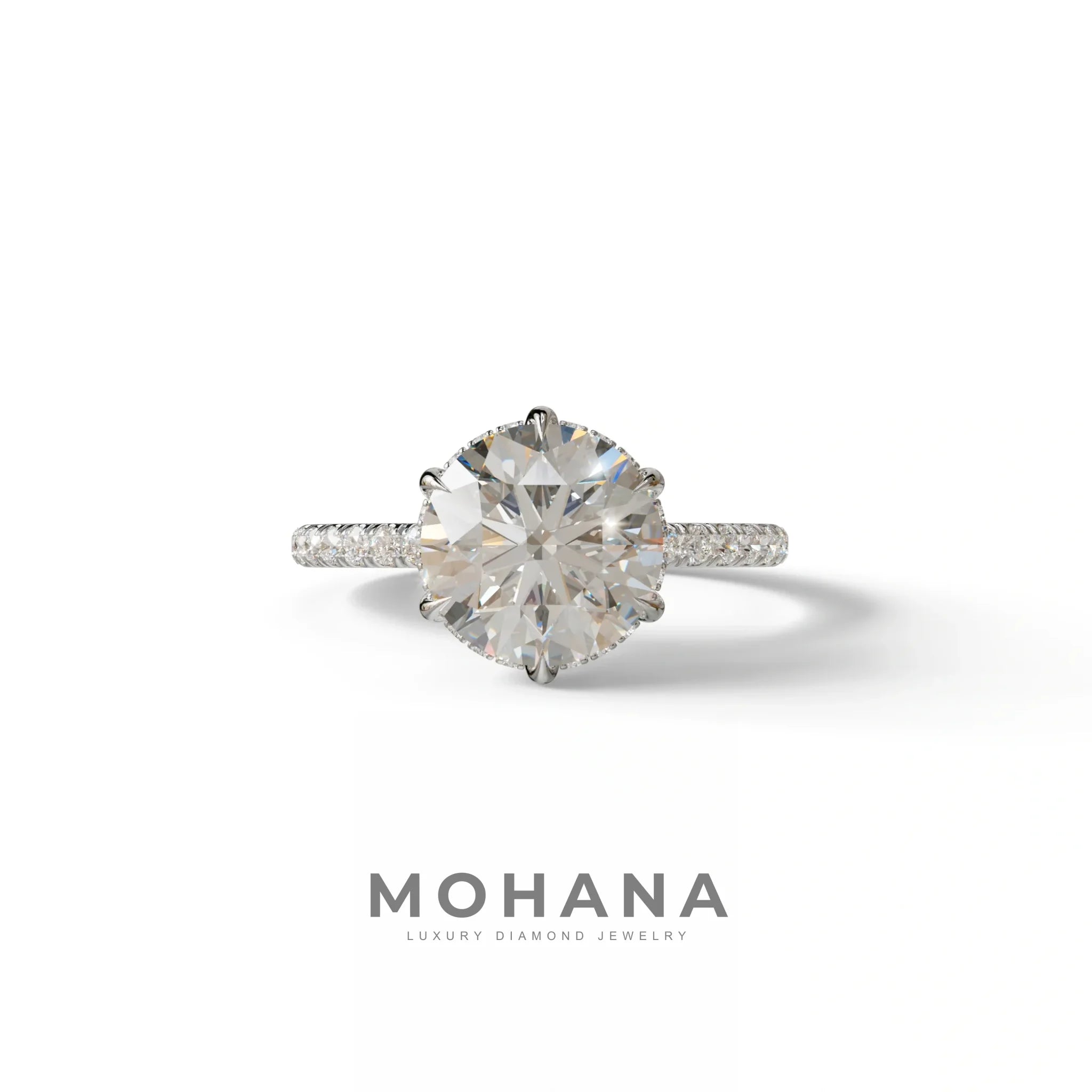 2.5 Carat Round Cut Hidden Halo & Pave Lab Grown Diamond Ring - Hyper Saga - 10K Solid Gold / White Gold