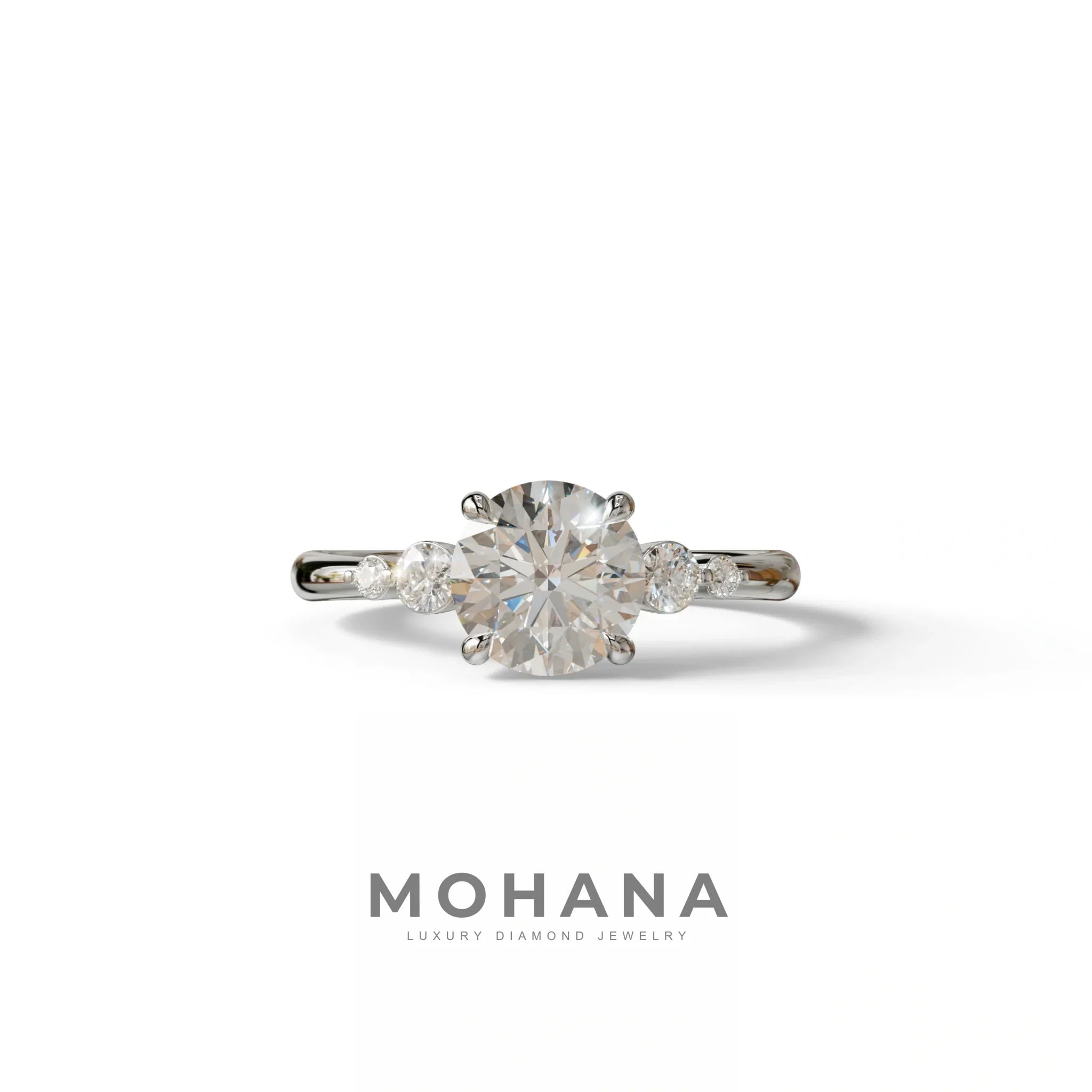 E-VVS Round Three Stone Lab Grown Diamond Engagement Ring - Romance - 2 Carat / 10K Solid Gold / White Gold